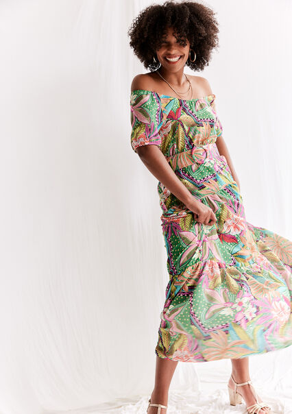 Off-shoulder dress with tropical print - GREEN APPLE  - 08103669_1783