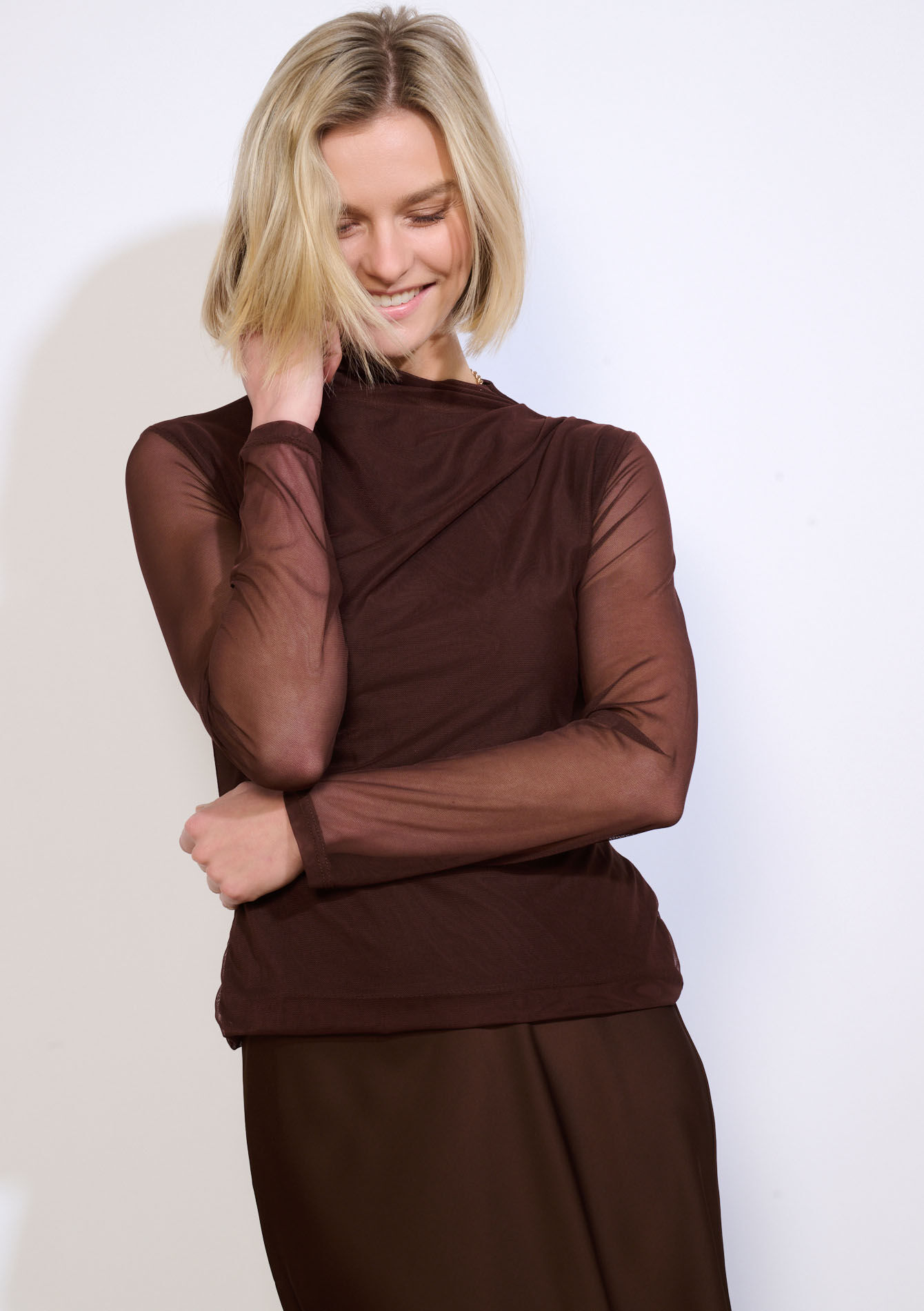 Draped mesh top - BROWN DARK CHOCOLATE - 02400385_3720