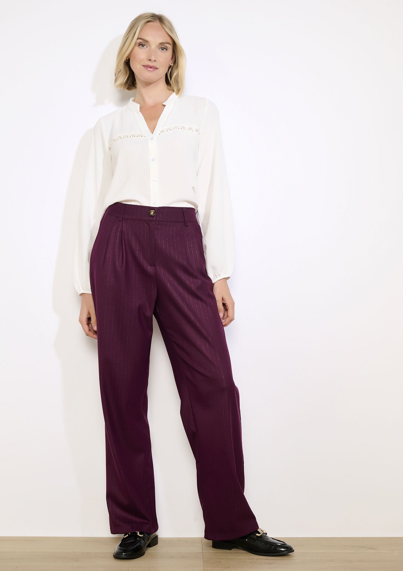 Wide-leg broek met plooien, Wide-leg broek met plooien - BORDEAUX WINE - 06100745_5514