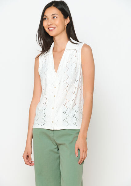 Sleeveless shirt with broderie anglaise - OPTICAL WHITE - 02200407_1019