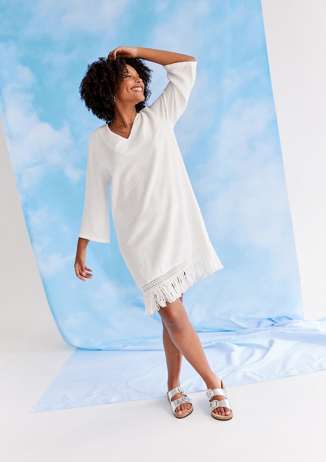 Oversized kaftanjurk met franjes, Oversized kaftanjurk met franjes - OFFWHITE - 08103690_1001