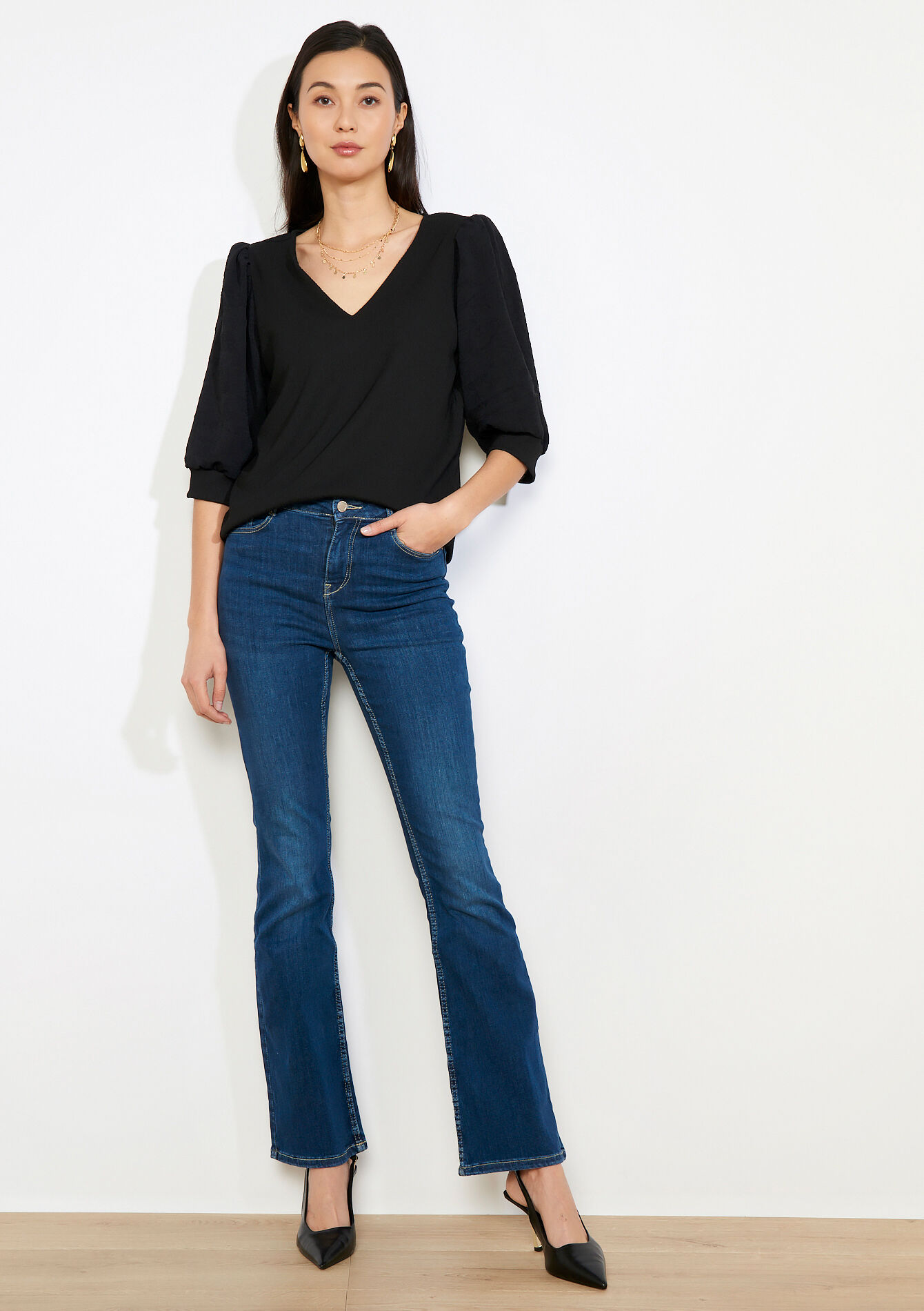 Puff sleeve wrap top - BLACK - 02301994_1119