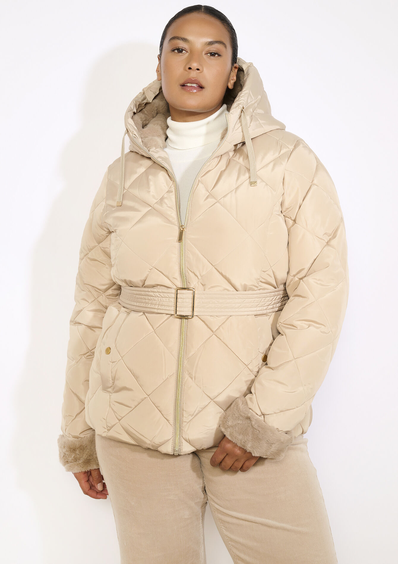 Doudoune ceinturée courte - BEIGE SAND - 23000753_1940