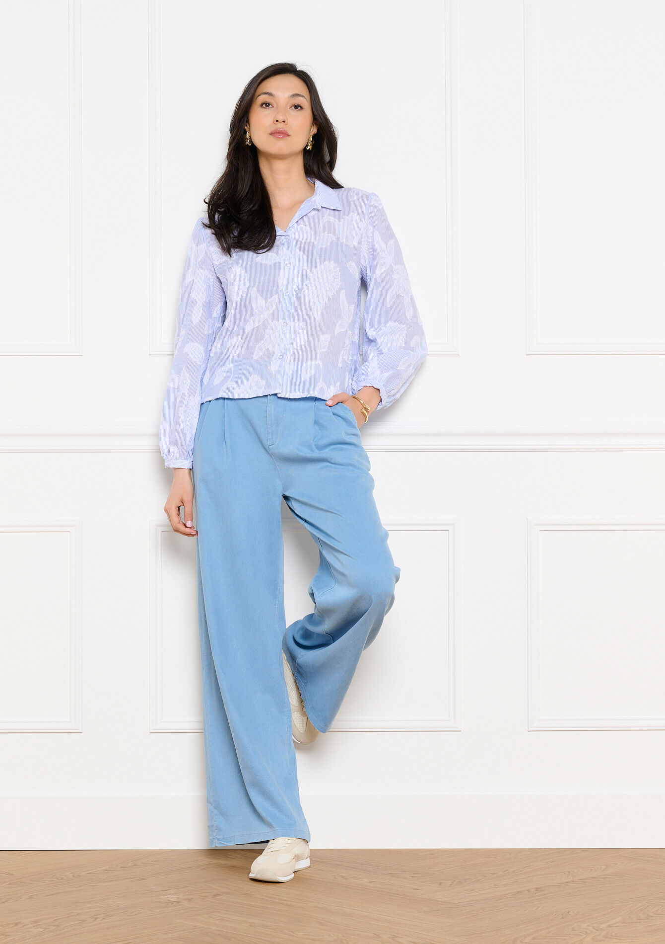 Gestreepte hemd met jacquard - BLUE PASTEL - 05703087_3003