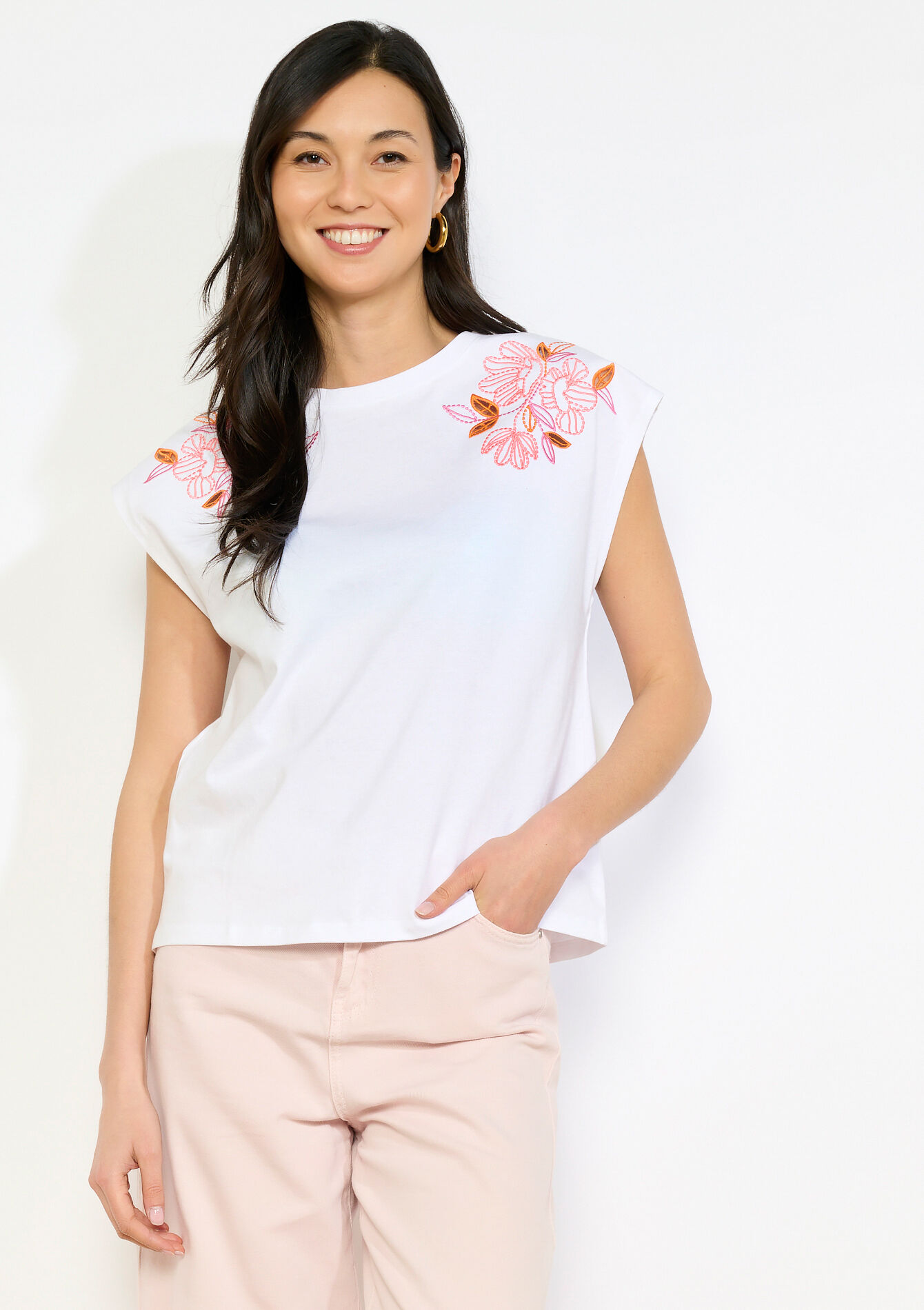 Mouwloos T-shirt met borduursel - OPTICAL WHITE - 02301950_1019