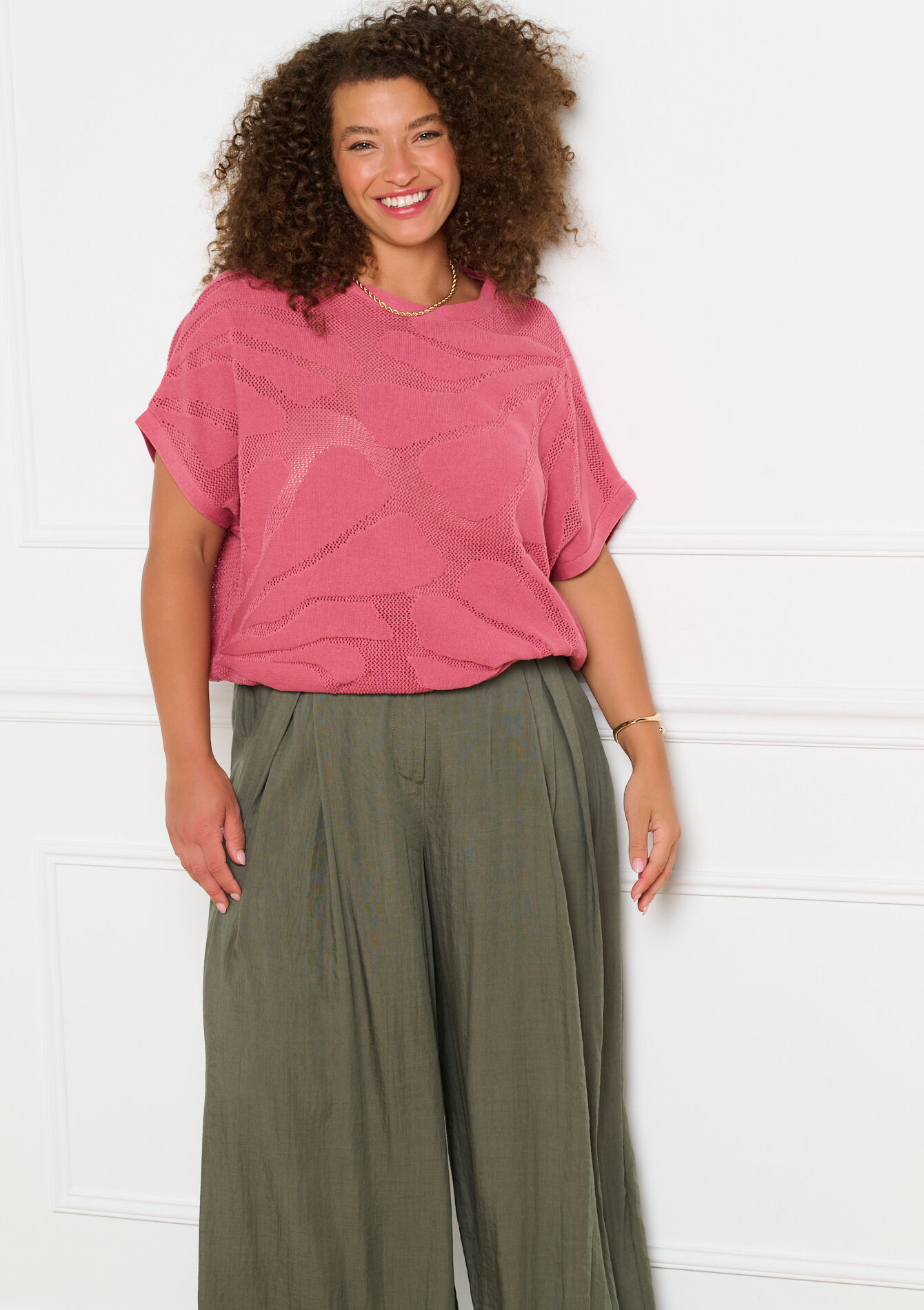 Gehaakte top met korte mouwen - COSMETIC PINK - 04007076_5733