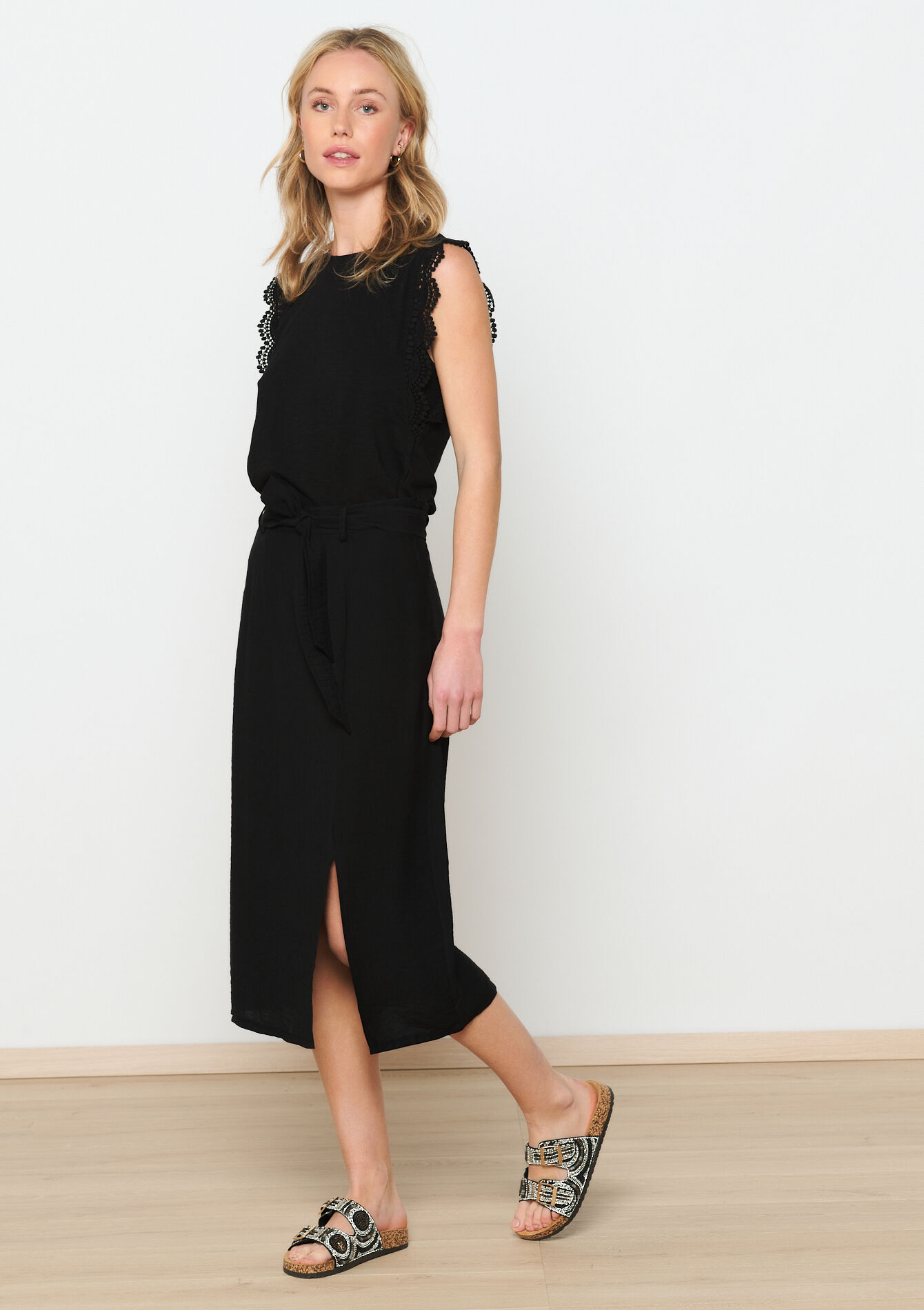 Midi skirt with linen look, Midi skirt with linen look - BLACK - 07101236_1119