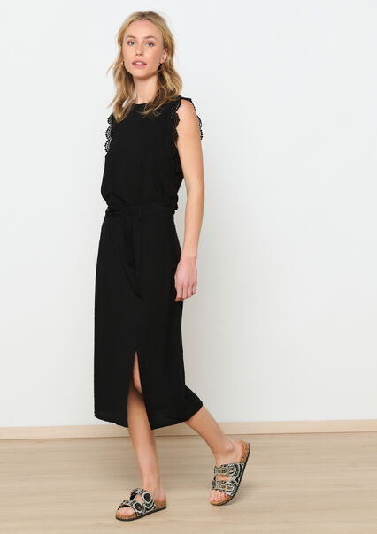 Midi skirt with linen look - BLACK - 07101236_1119