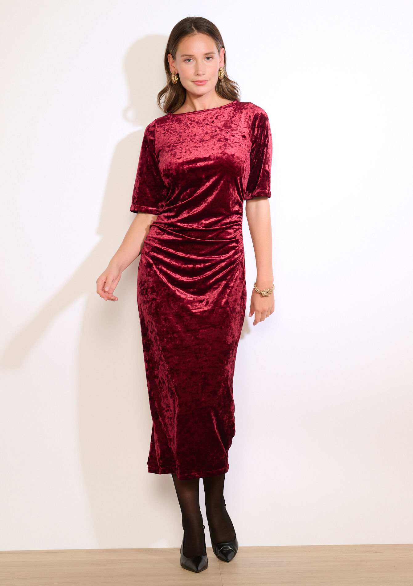 Robe midi drapée en velours, Robe midi drapée en velours - BORDEAUX WINE - 08104350_5514