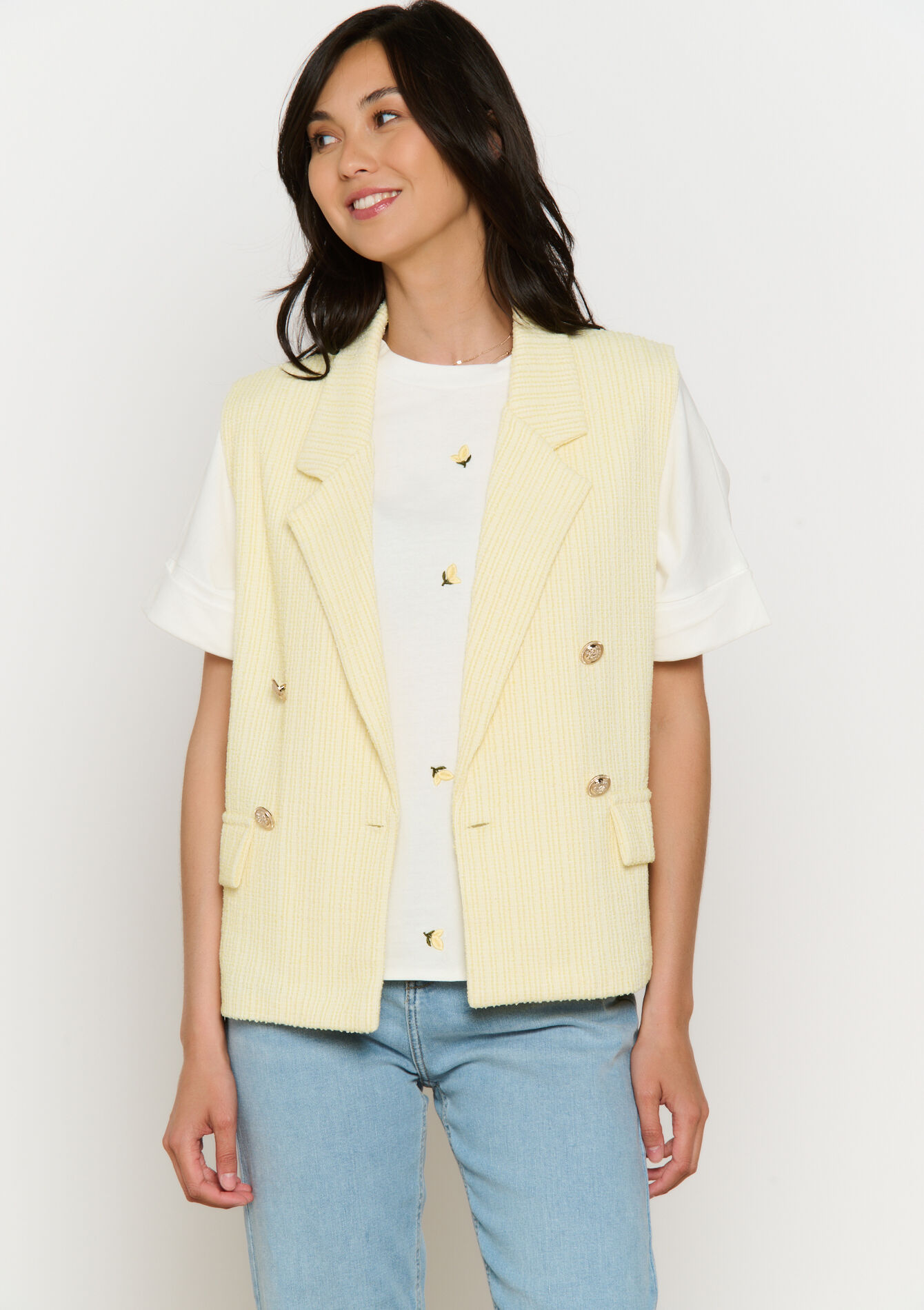 Veste gilet sans manches en tweed, Veste gilet sans manches en tweed - YELLOW PASTEL - 09101067_5004