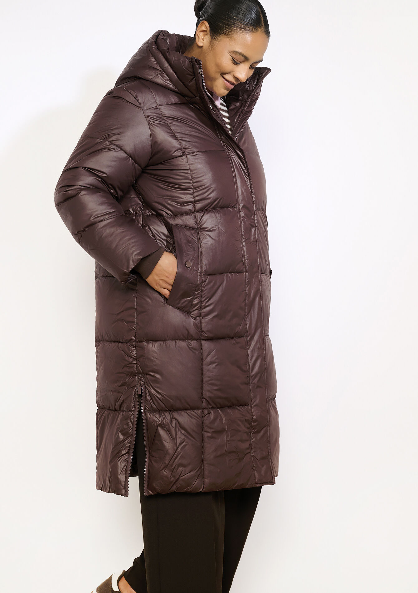 Lange gewatteerde jas, Lange gewatteerde jas - BROWN DARK CHOCOLATE - 23000775_3720