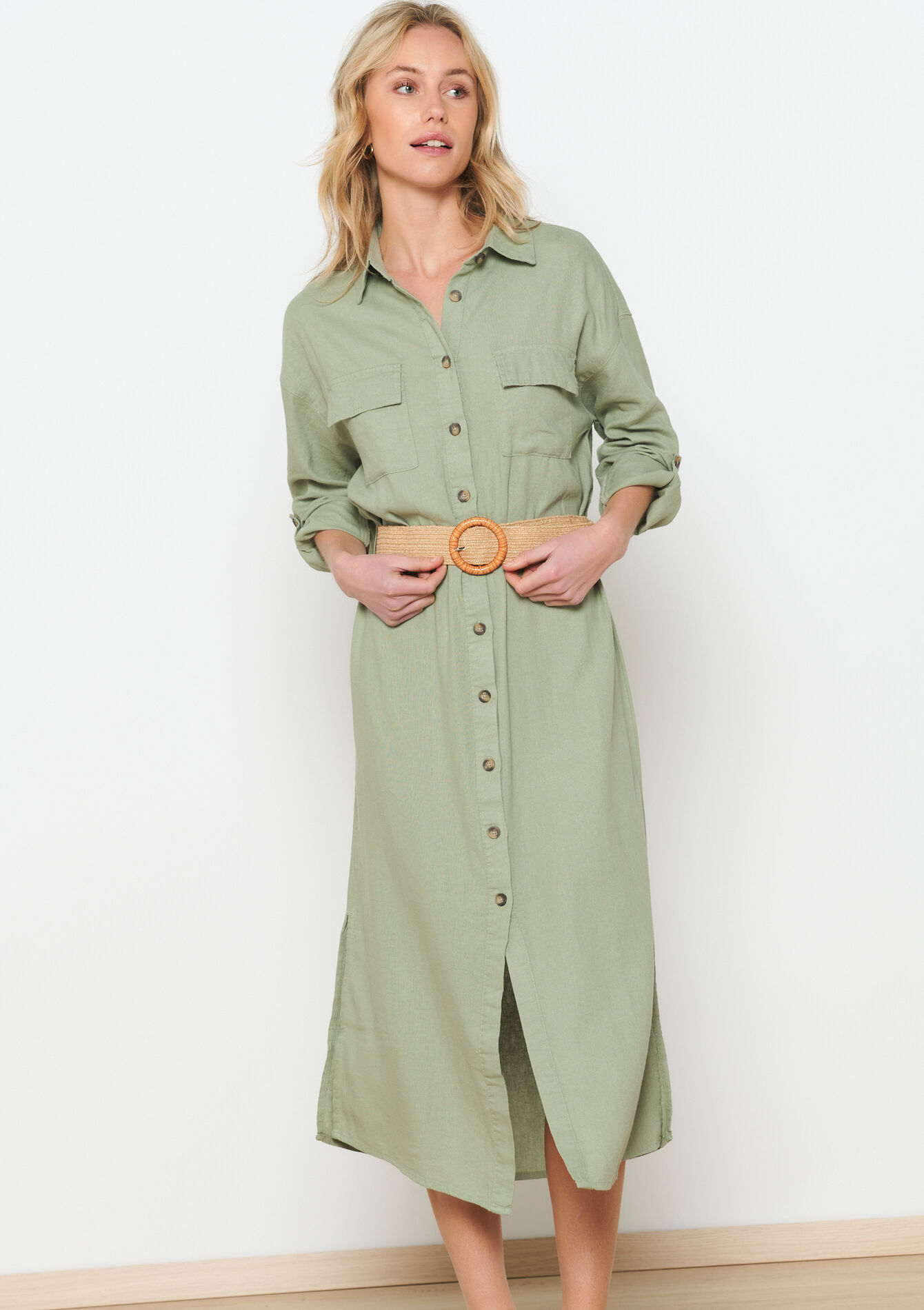 Linen shirt dress with belt - KHAKI FADED - 08602218_4326