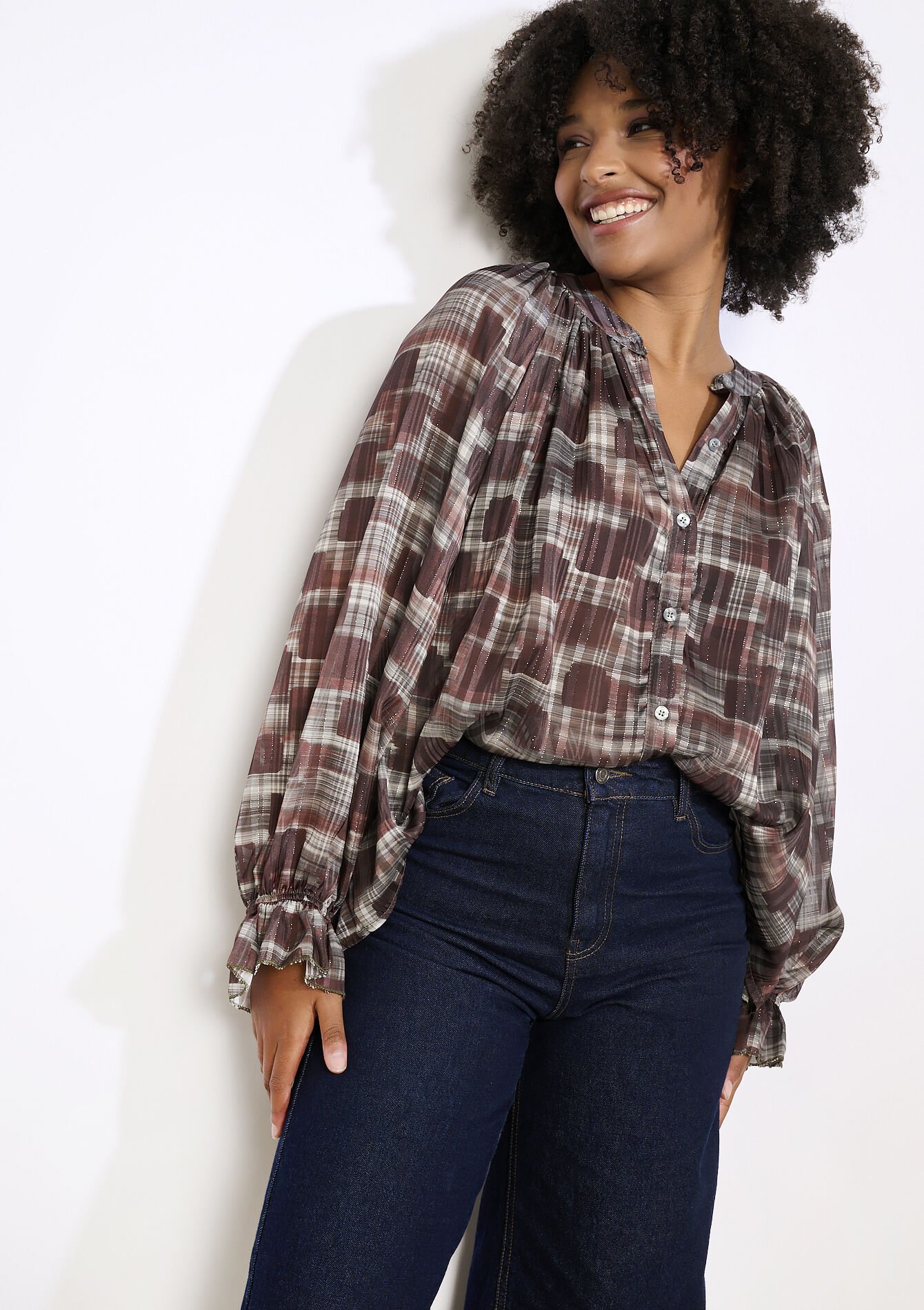 Losvallende blouse met ruiten, Losvallende blouse met ruiten, , back