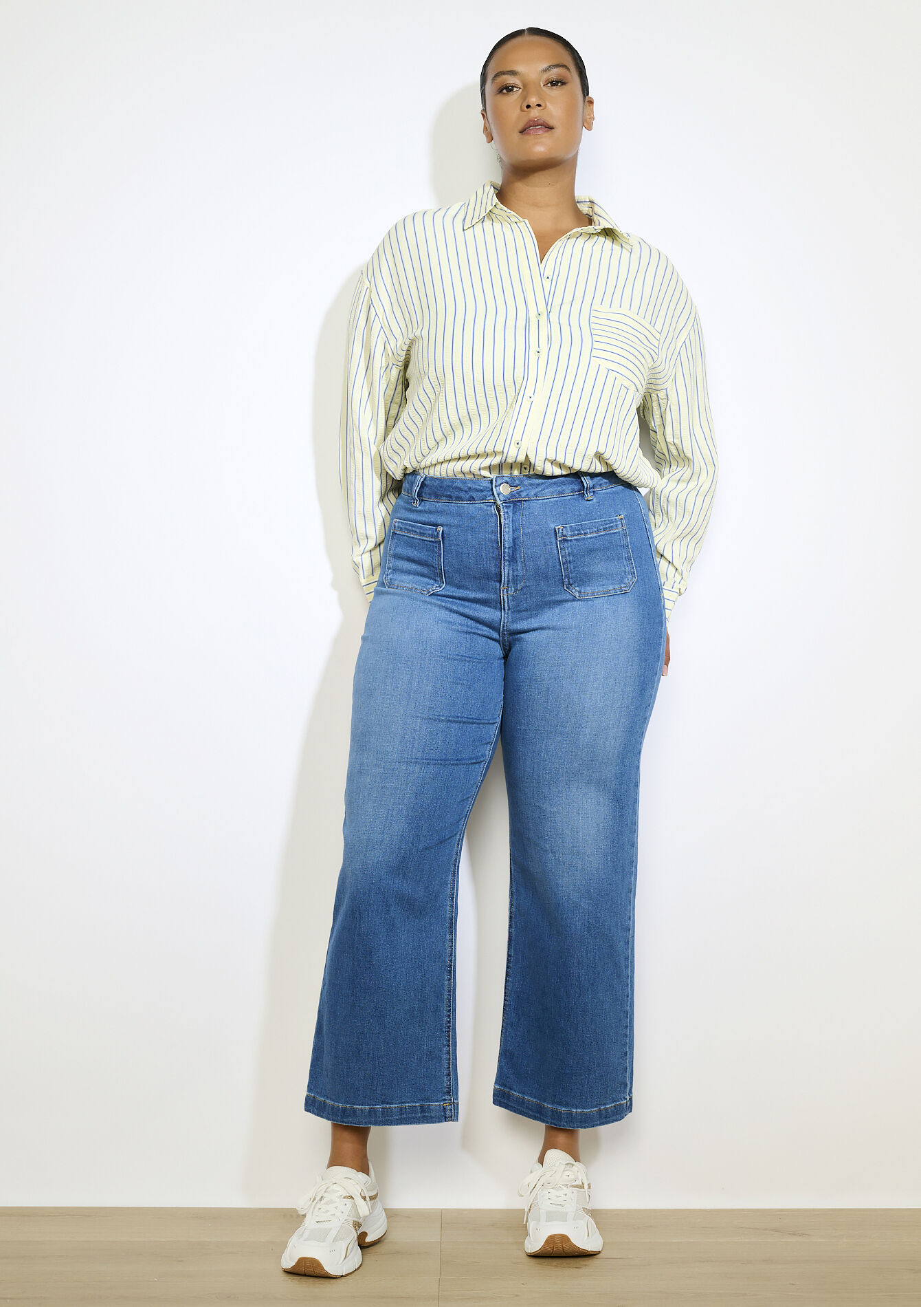 Flared jeans met hoge taille en zakken , Flared jeans met hoge taille en zakken - MEDIUM BLUE - 22000617_0500