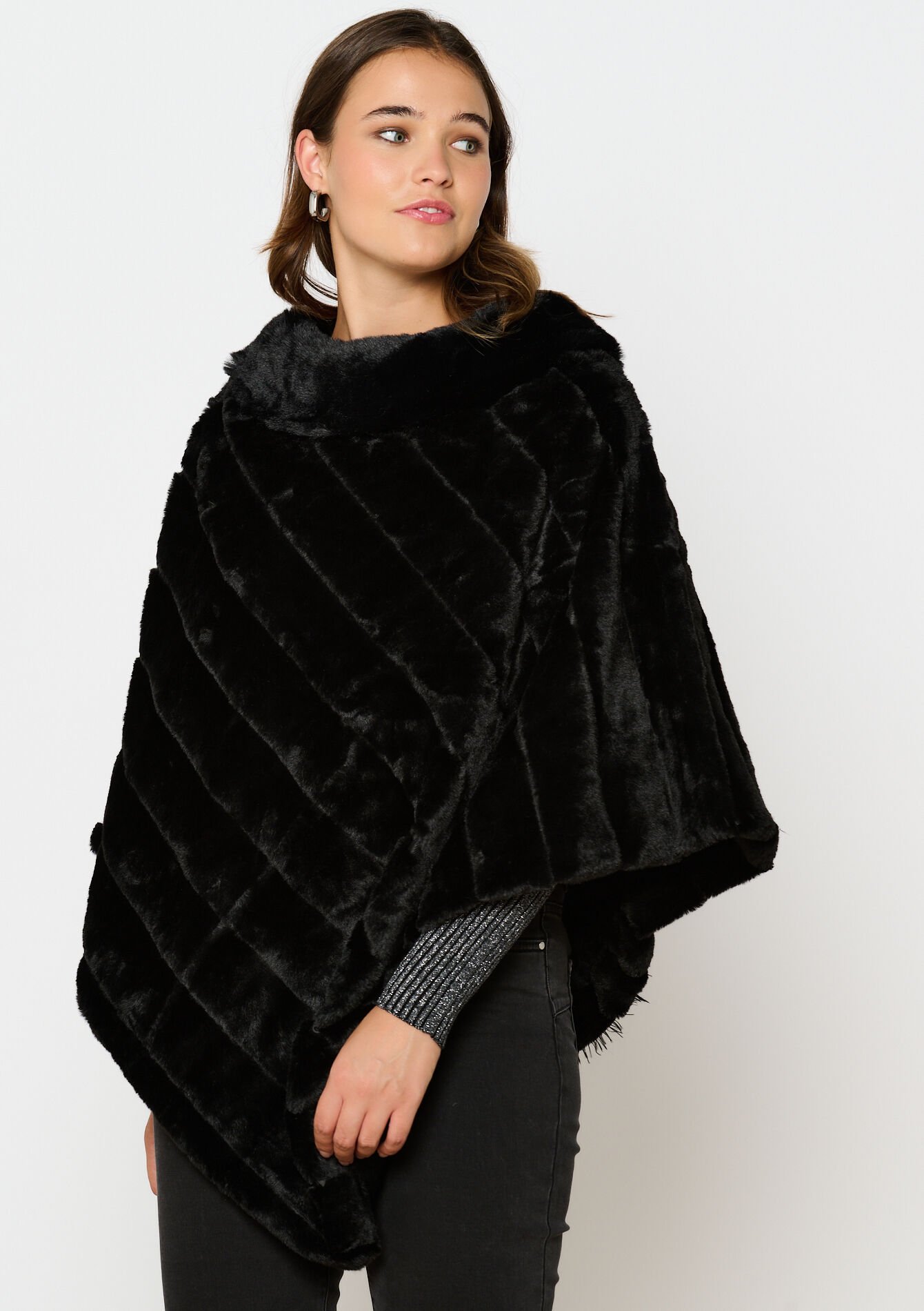 Gestreepte poncho met voering, Gestreepte poncho met voering - BLACK - 17101161_1119
