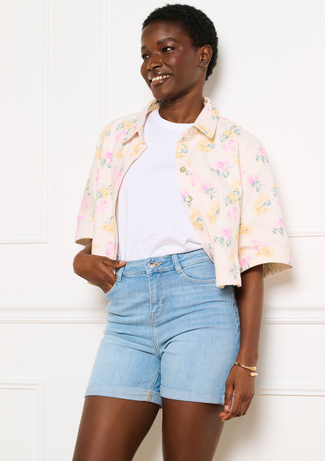 Denim short met hoge taille, Denim short met hoge taille, , back