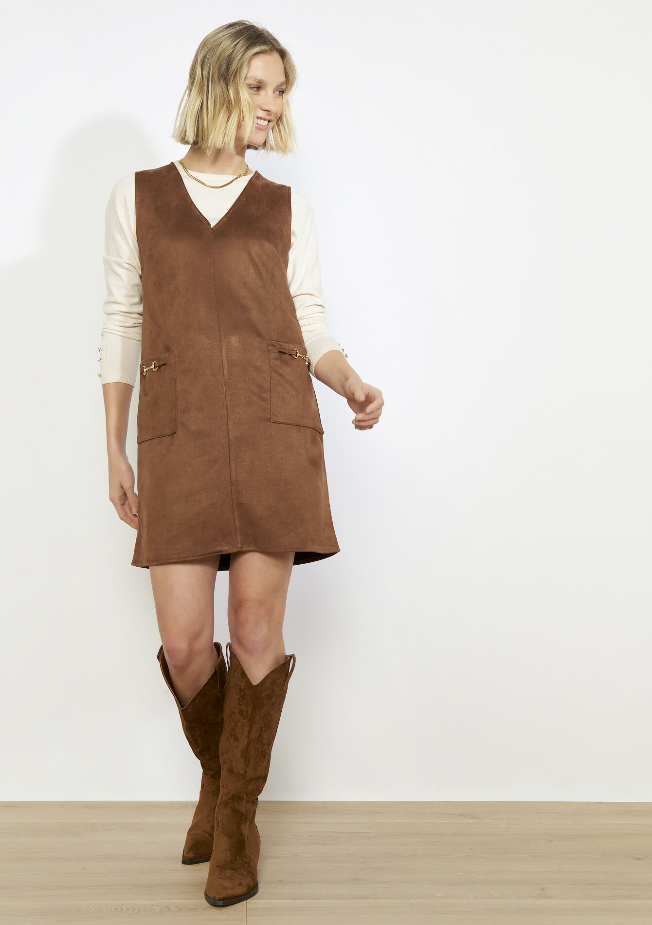 Sleeveless suedette dress, Sleeveless suedette dress - CAMEL CINNAMON - 08104420_3835