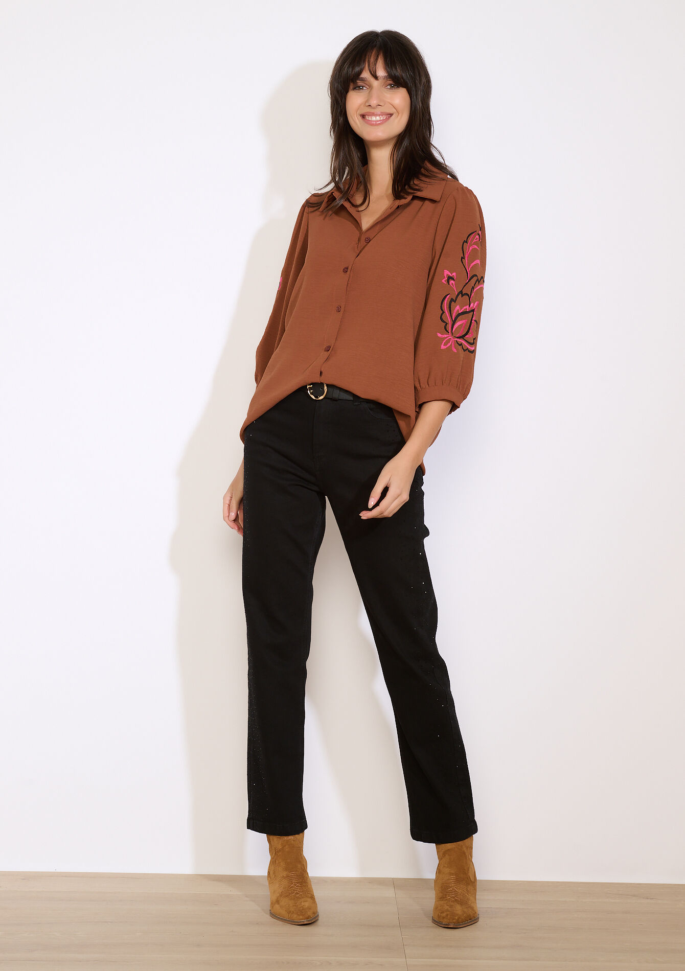 Chemise brodée manches 3/4, Chemise brodée manches 3/4 - CARAMEL - 05702990_1953