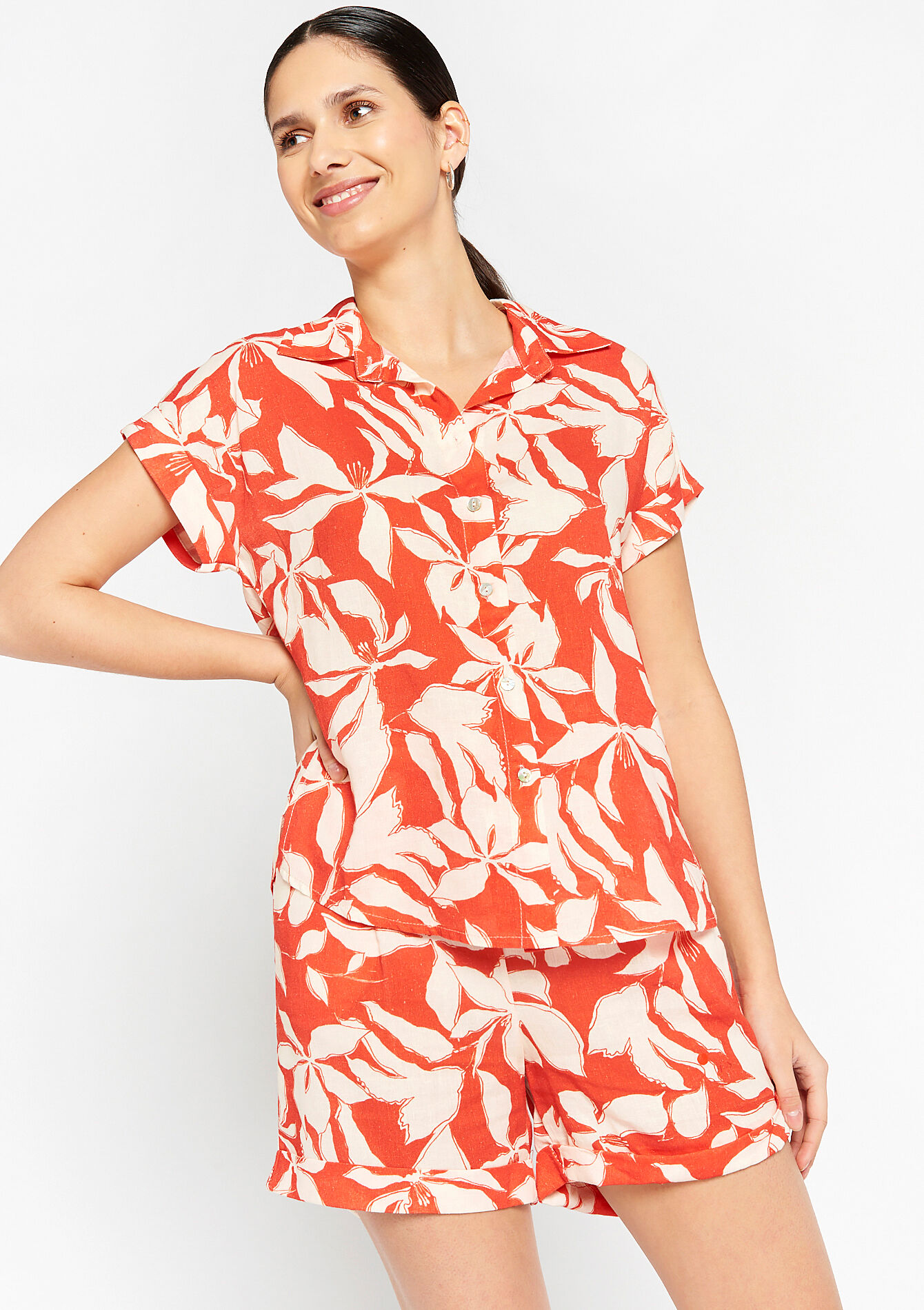 Linen shirt with tropical print, Linen shirt with tropical print - CORAL BRIGHT - 05702187_2007