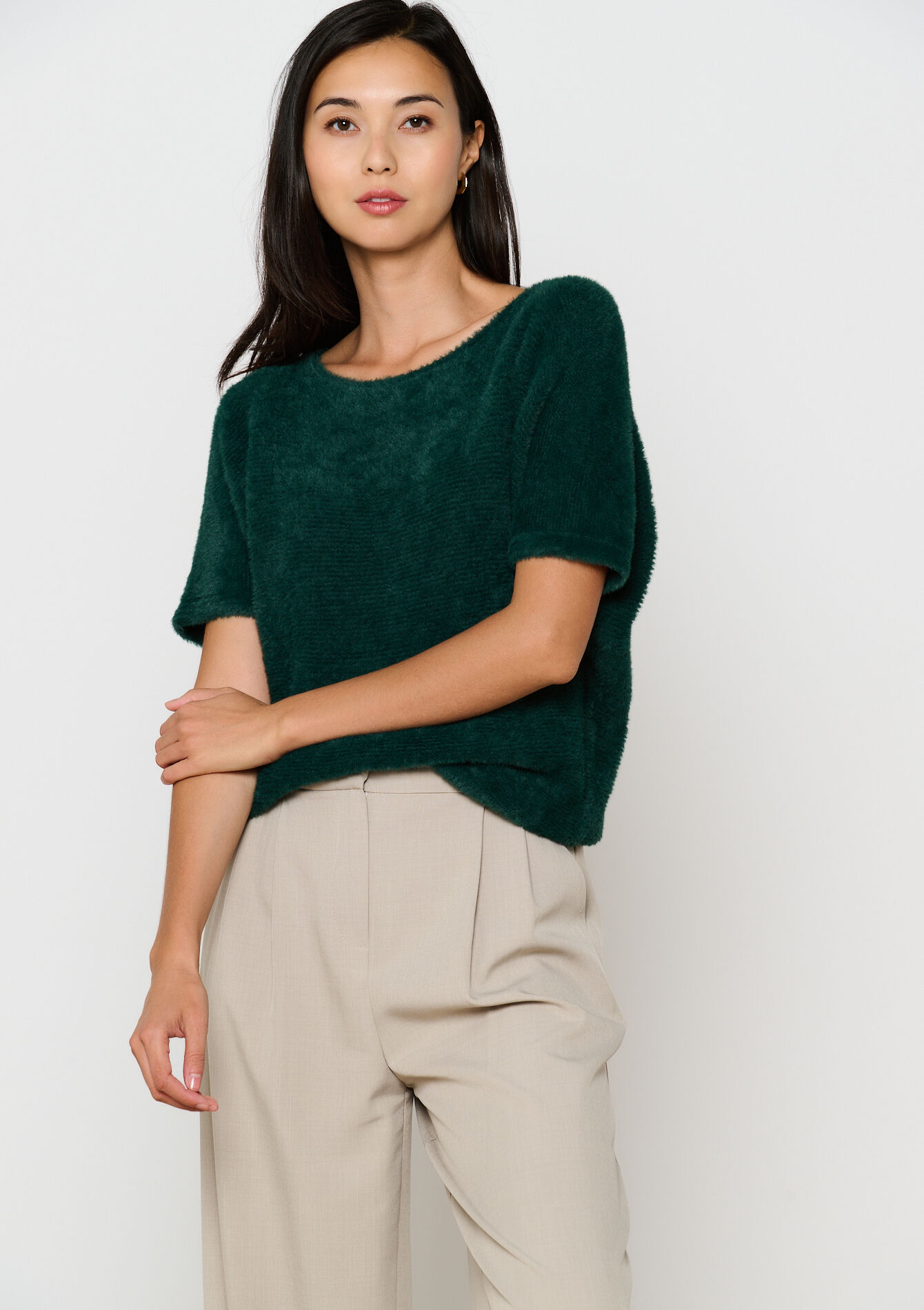 Pull à maille poilue à manches courtes - BOTTLE GREEN - 04006673_1778