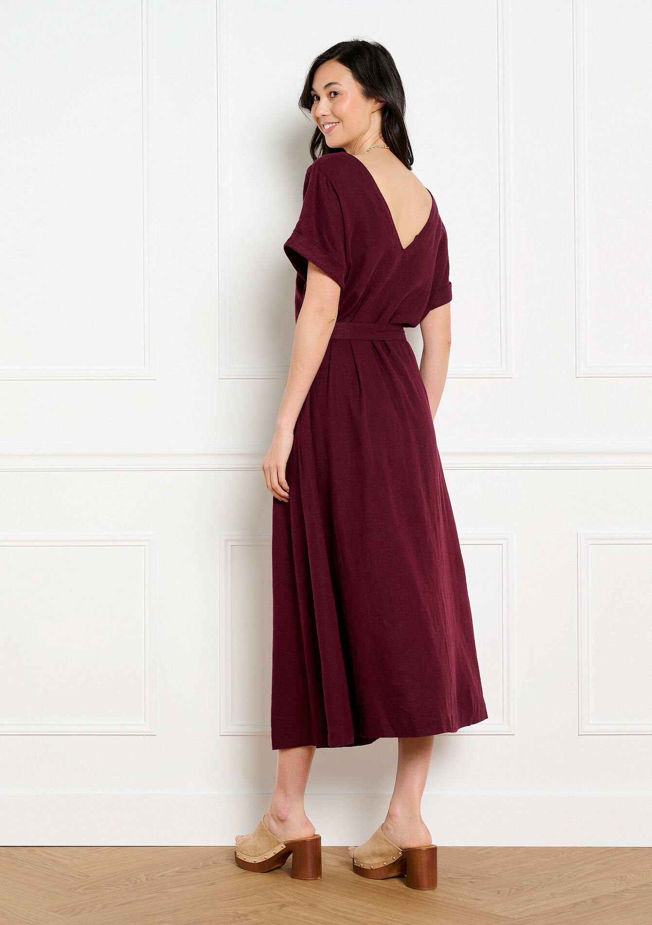 Robe midi ceinturée fluide - AUBERGINE - 08104332_1537