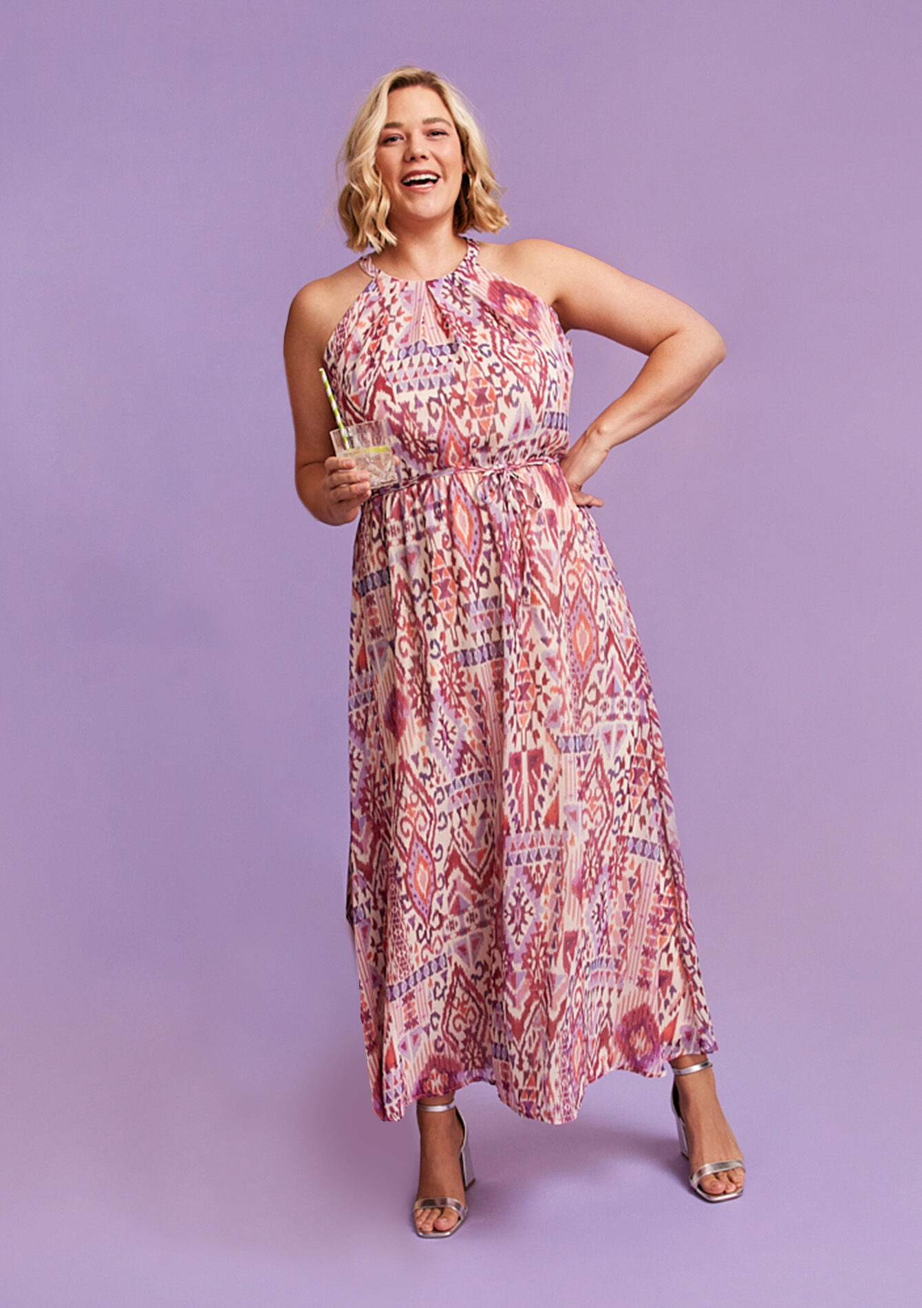 Maxi halter dress with ikat - FUCHSIA - 08601938_5626