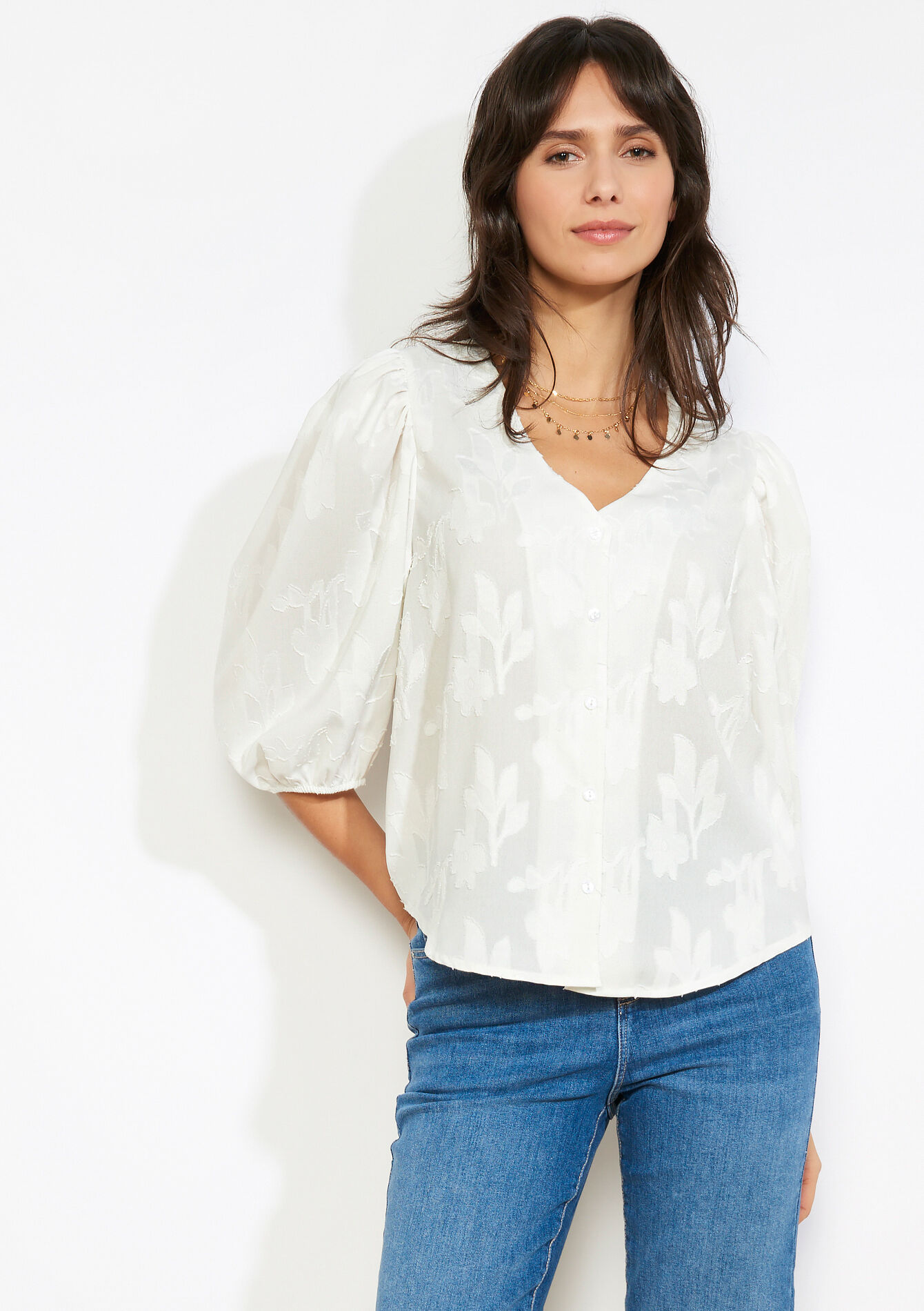 Losvallende jacquard blouse - OPTICAL WHITE - 05703043_1019