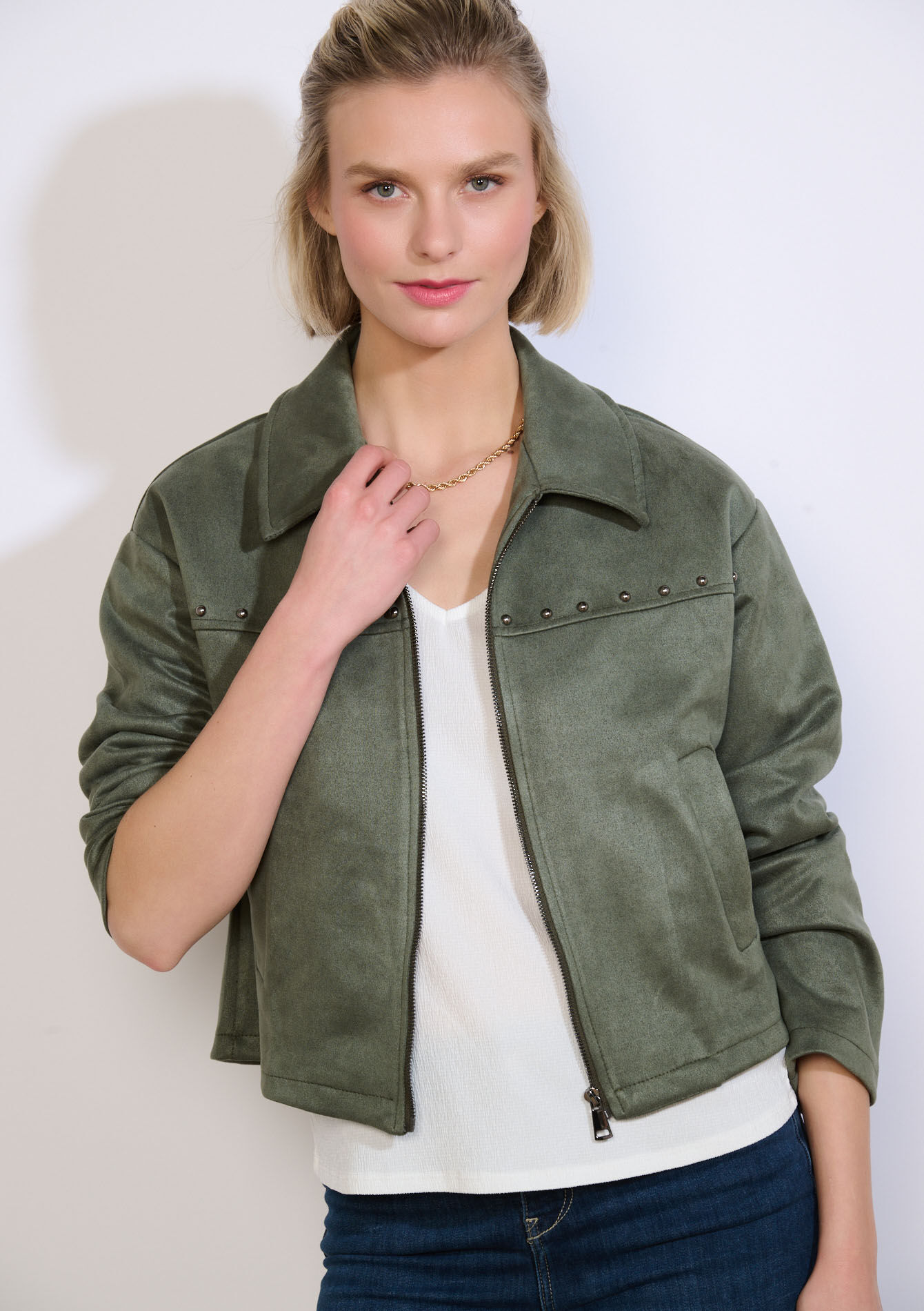 Studded suede zip jacket, , back