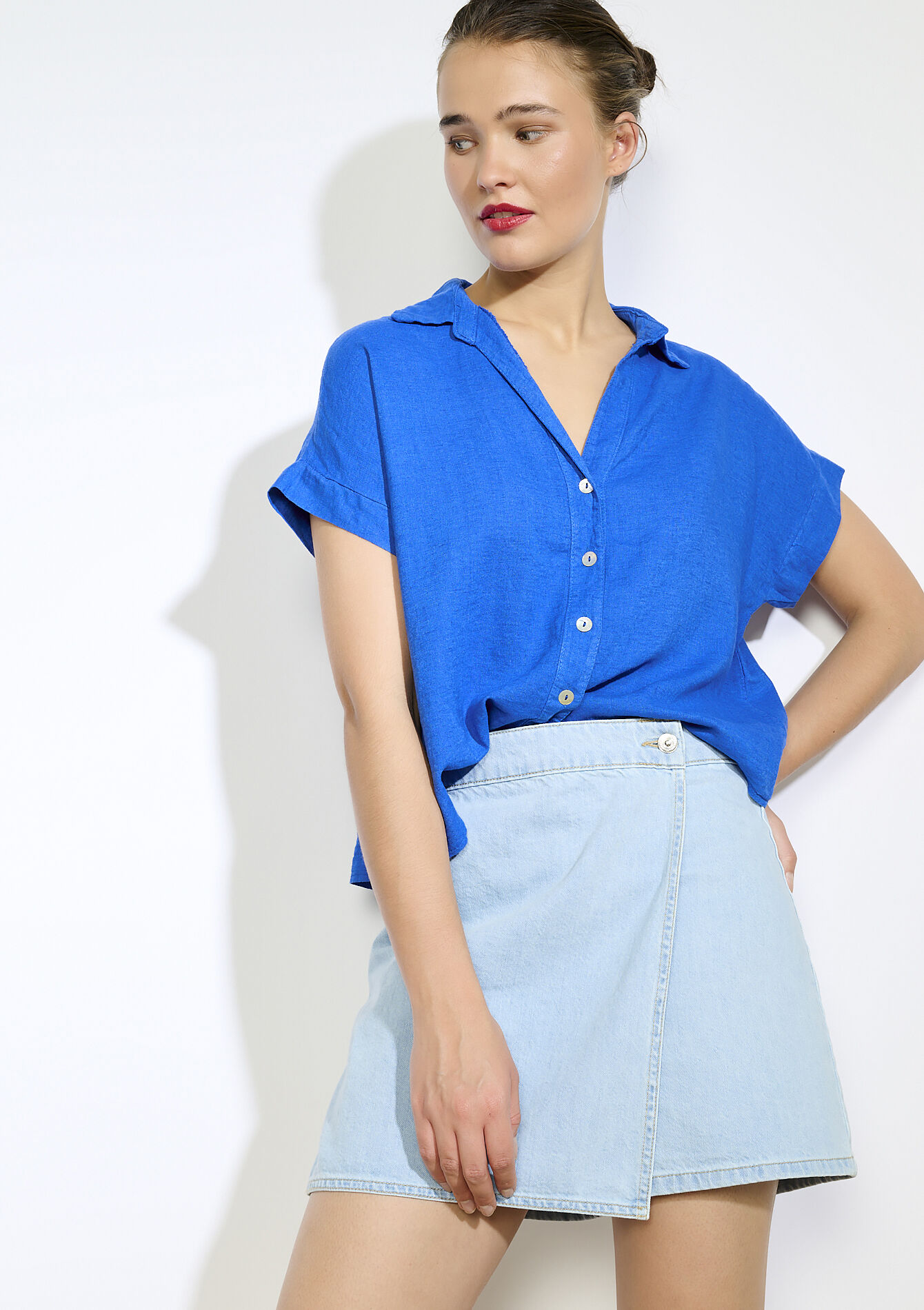 Linnen blouse met knoopsluiting - ELECTRIC BLUE - 05702839_1619