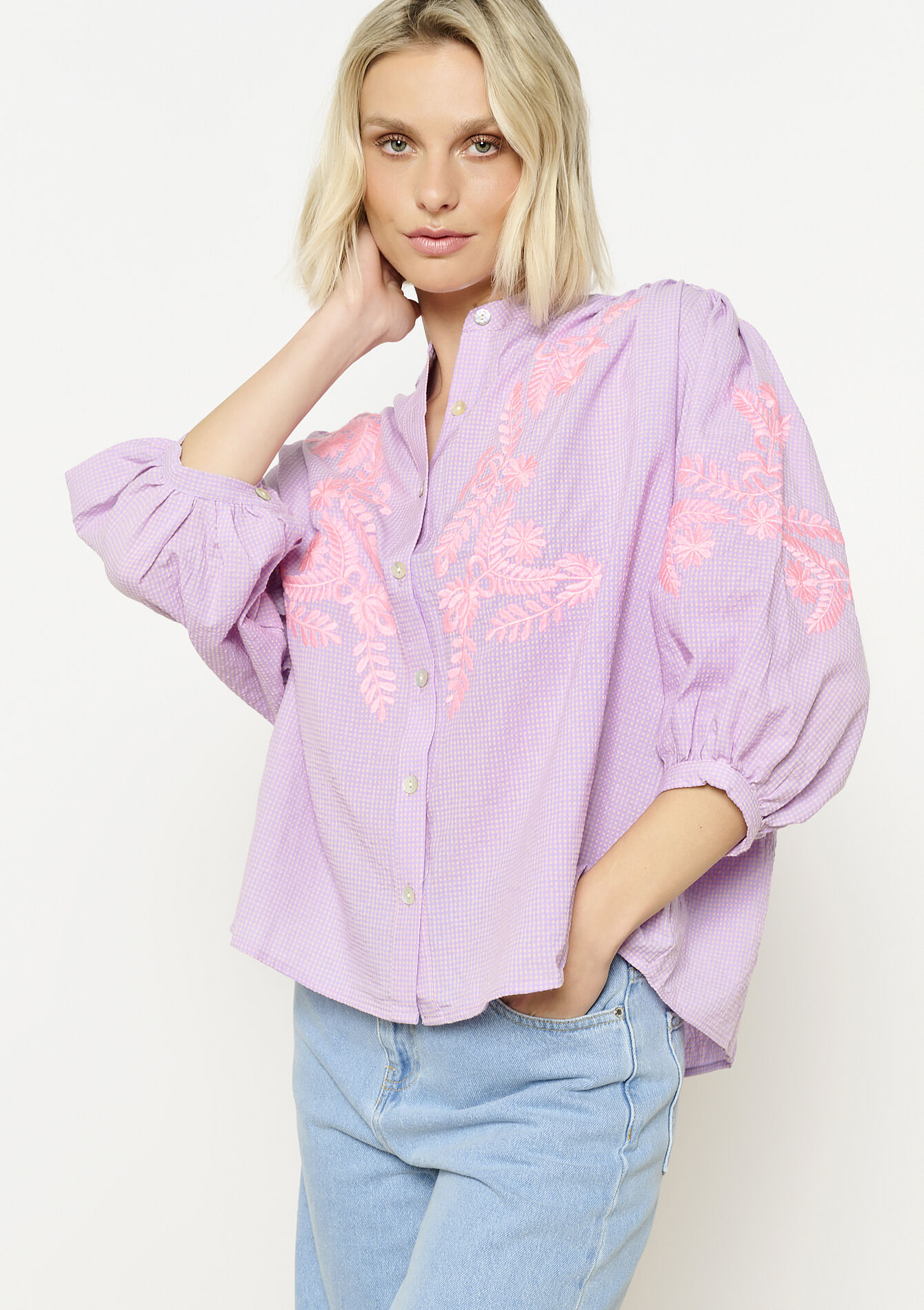 Vichy hemd met broderie - PASTEL LILAC - 05702721_1493