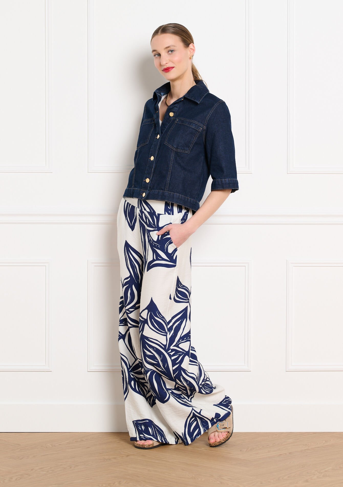 Wijde vloeiende broek met print - VANILLA WHITE - 06601151_1013