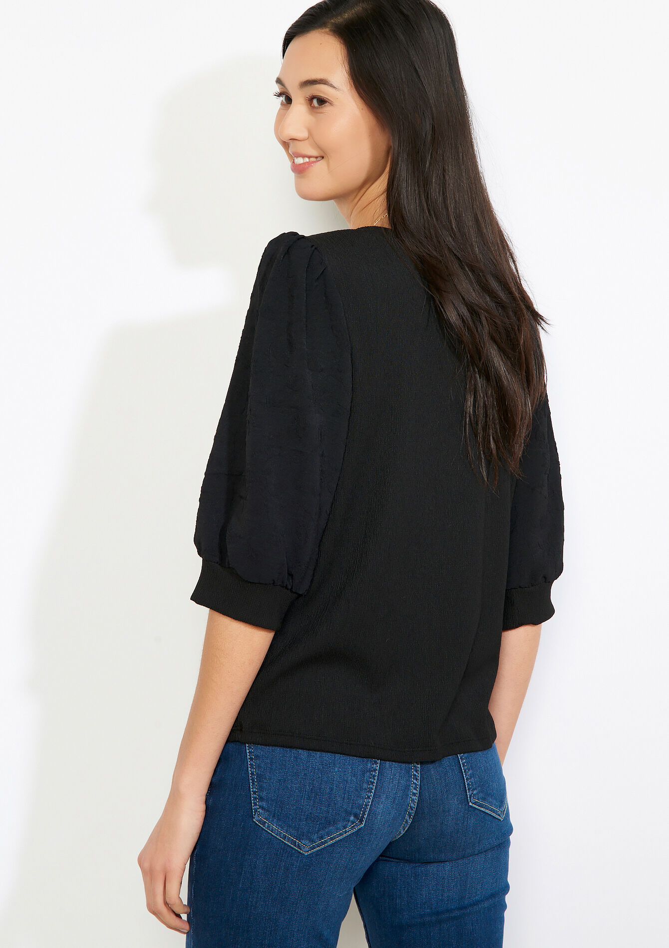 Puff sleeve wrap top - BLACK - 02301994_1119