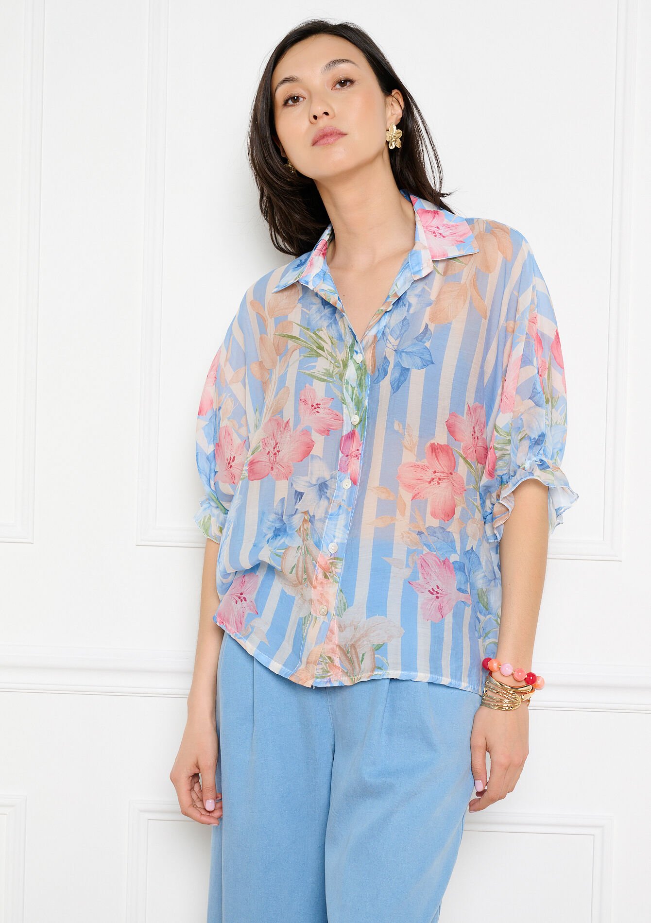 Chemise voile rayures fleurs - BLUE PASTEL - 05703092_3003