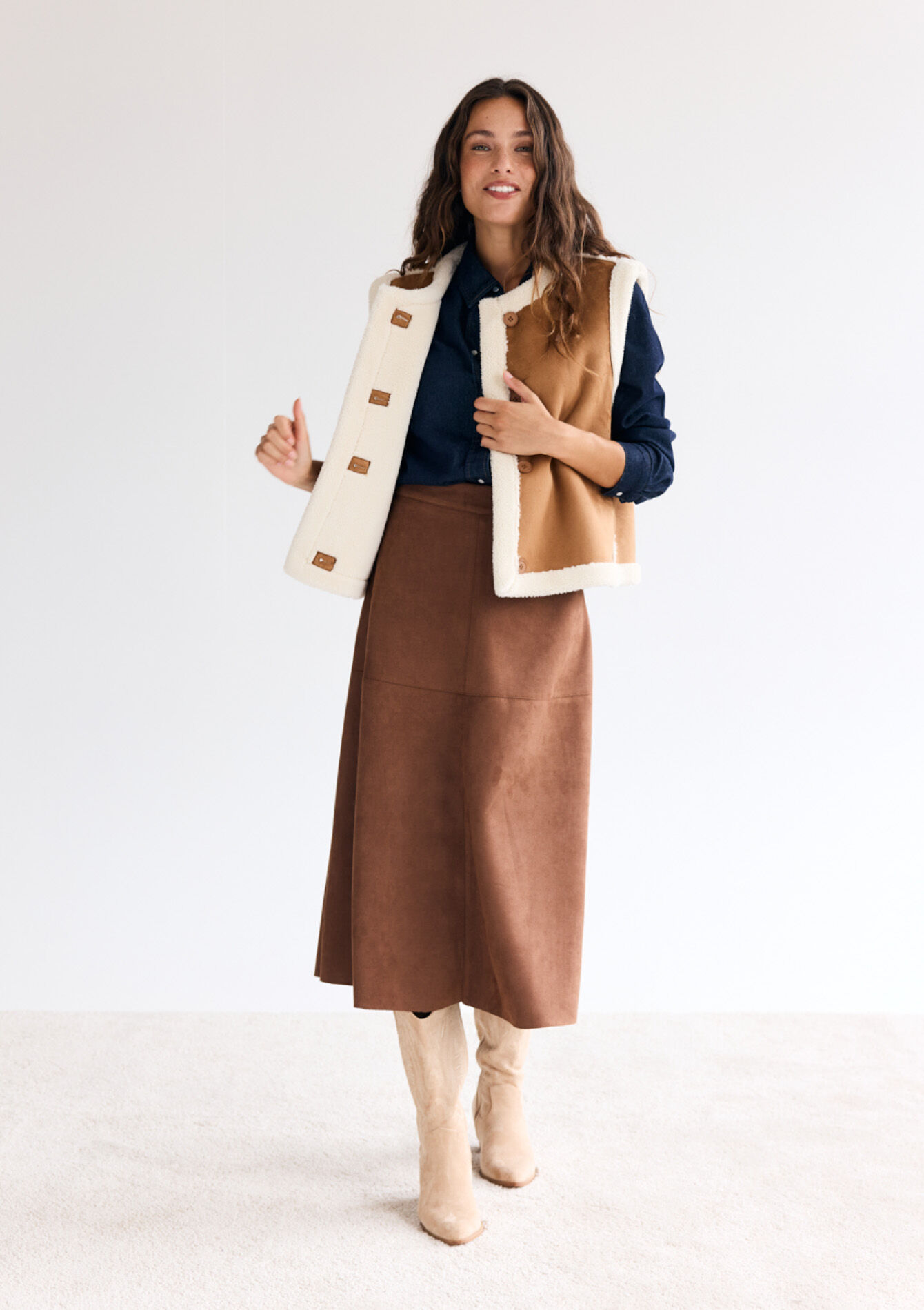 Midi-rok met suèdelook, Midi-rok met suèdelook - CARAMEL - 07101407_1953