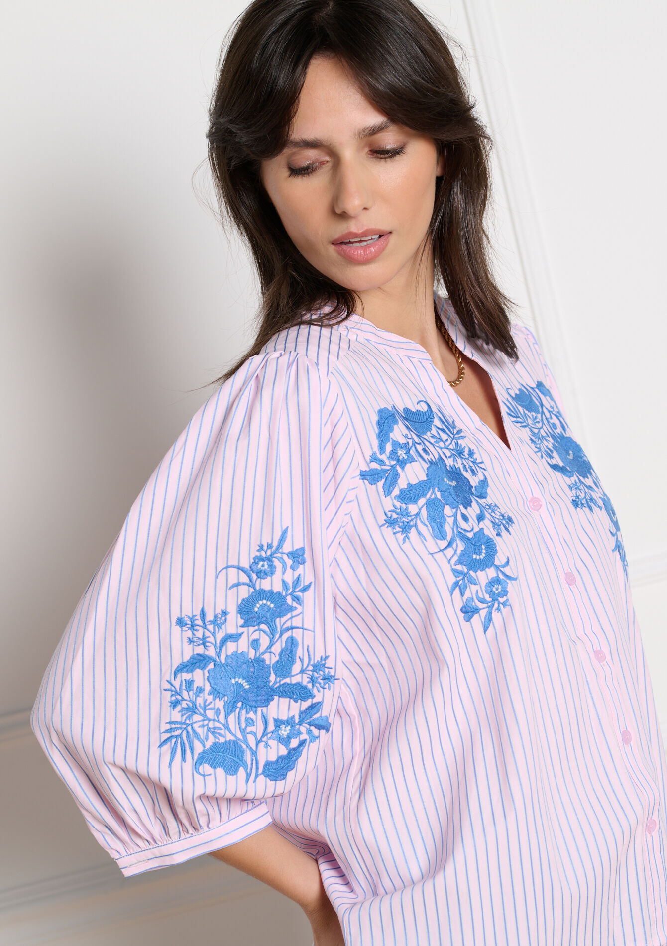 Blouse rayée brodée - LIGHT PINK - 05703035_1303