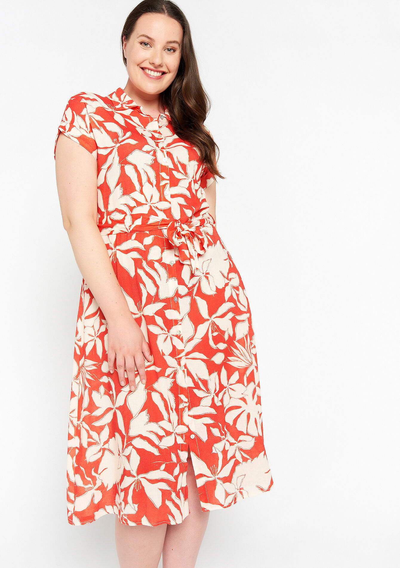 Linnen jurk met tropische print, Linnen jurk met tropische print - ORANGE BRIGHT - 08602000