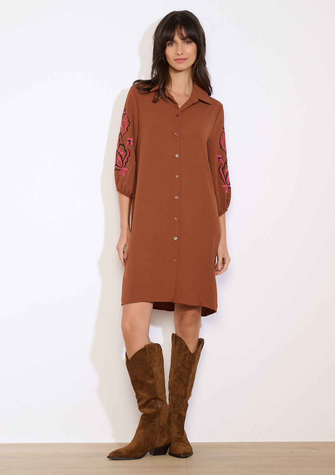 Robe chemise brodée, Robe chemise brodée - CARAMEL - 08104381_1953