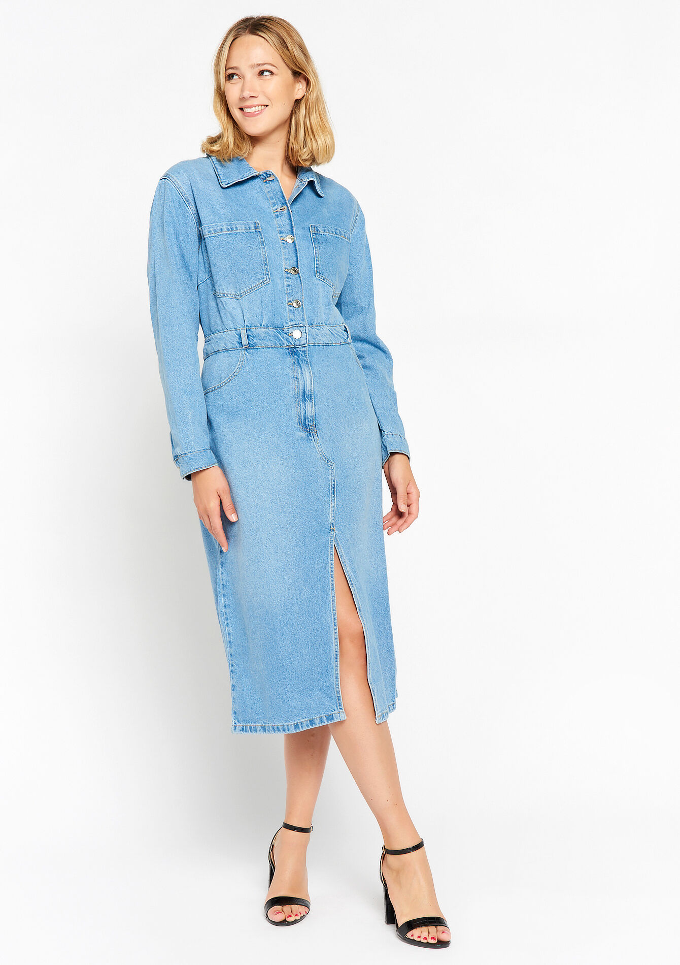 Robe mi-longue en denim, Robe mi-longue en denim - MEDIUM BLUE - 08602127_0500