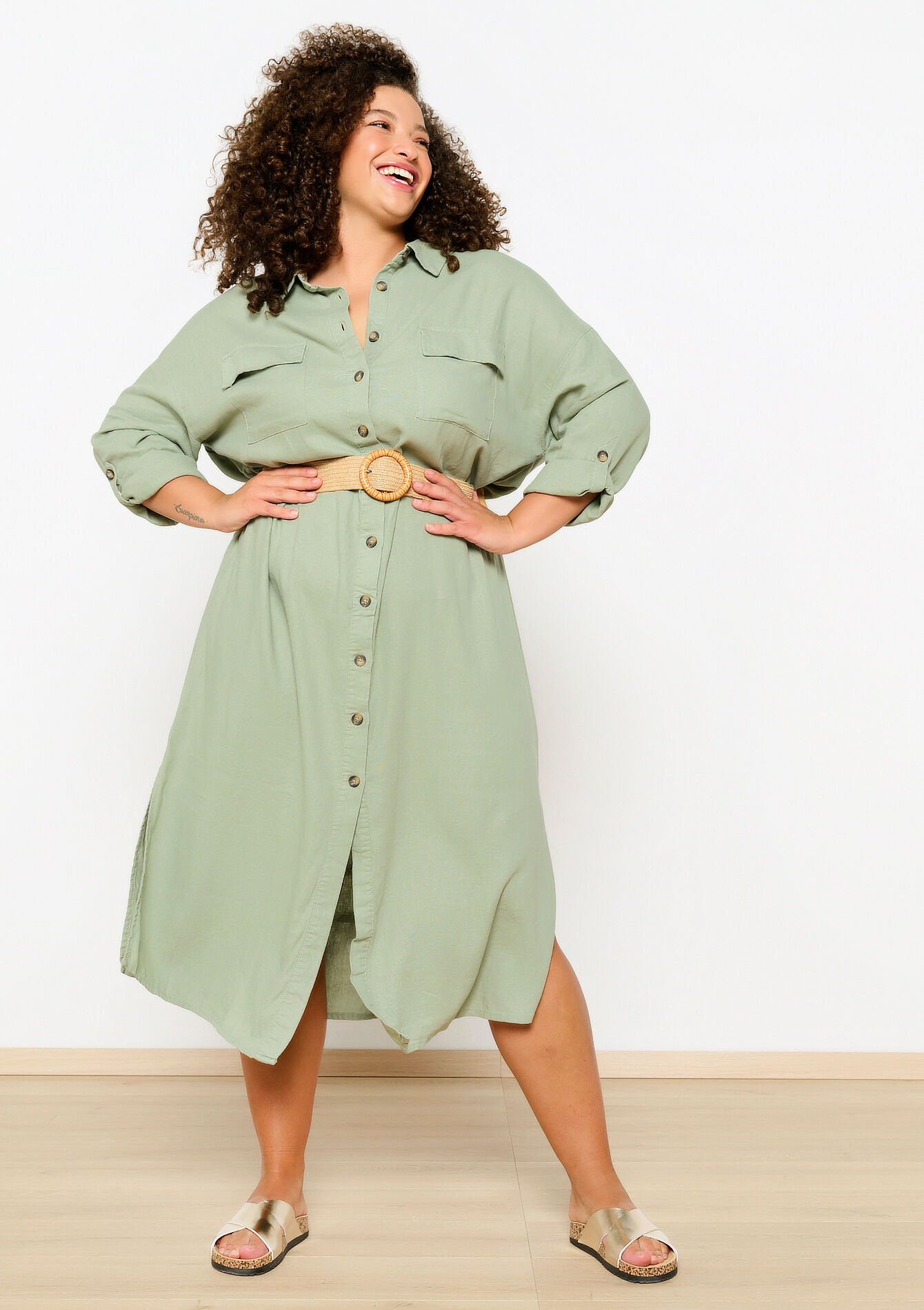 Linen shirt dress with belt - KHAKI FADED - 08602218_4326