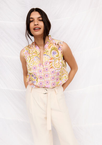 Sleeveless shirt with paisley print - YELLOW PASTEL - 05702529_5004