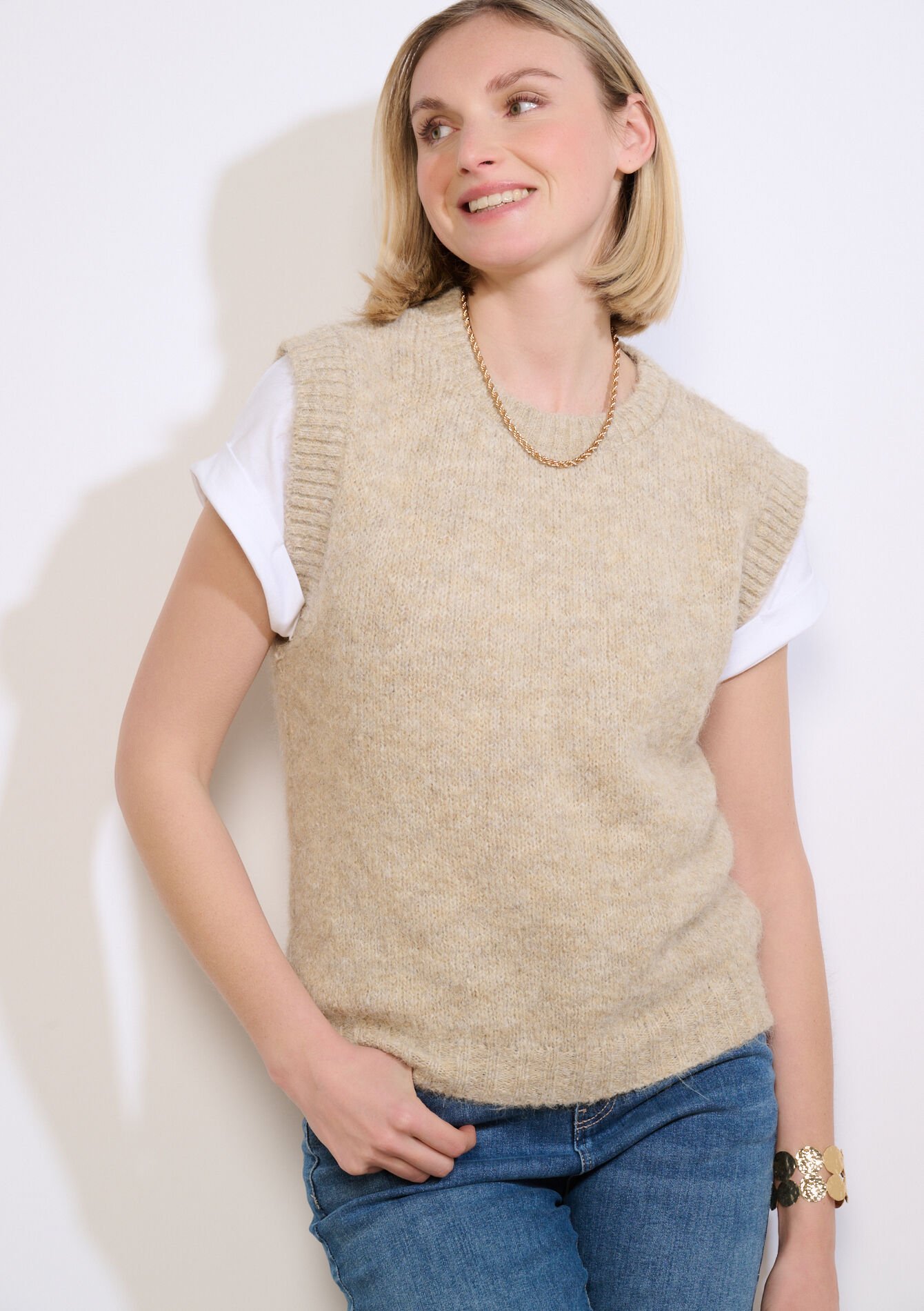 Mouwloos gebreid top - LT BEIGE - 04007195_2527