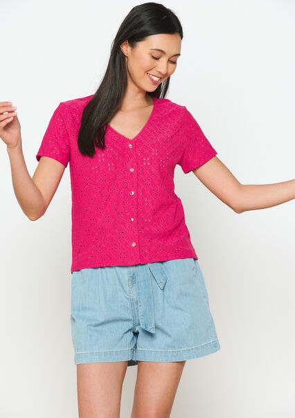 T-shirt with English embroidery - FUCHSIA - 02301562_5626