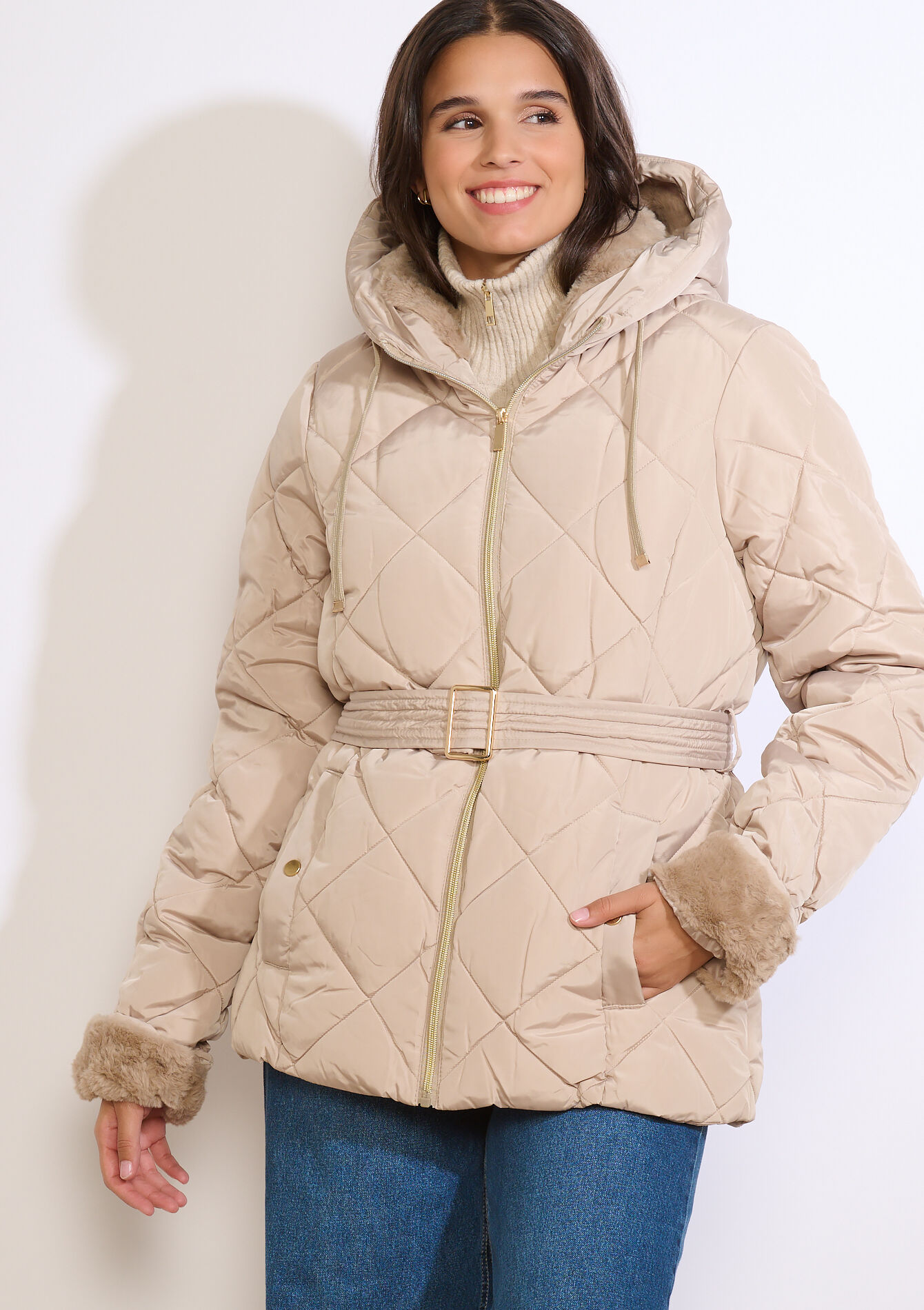 Doudoune ceinturée courte - BEIGE SAND - 23000753_1940