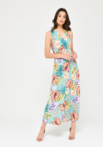Maxi dress in colourful leaves print - ALMOND GREEN - 08601421_1724