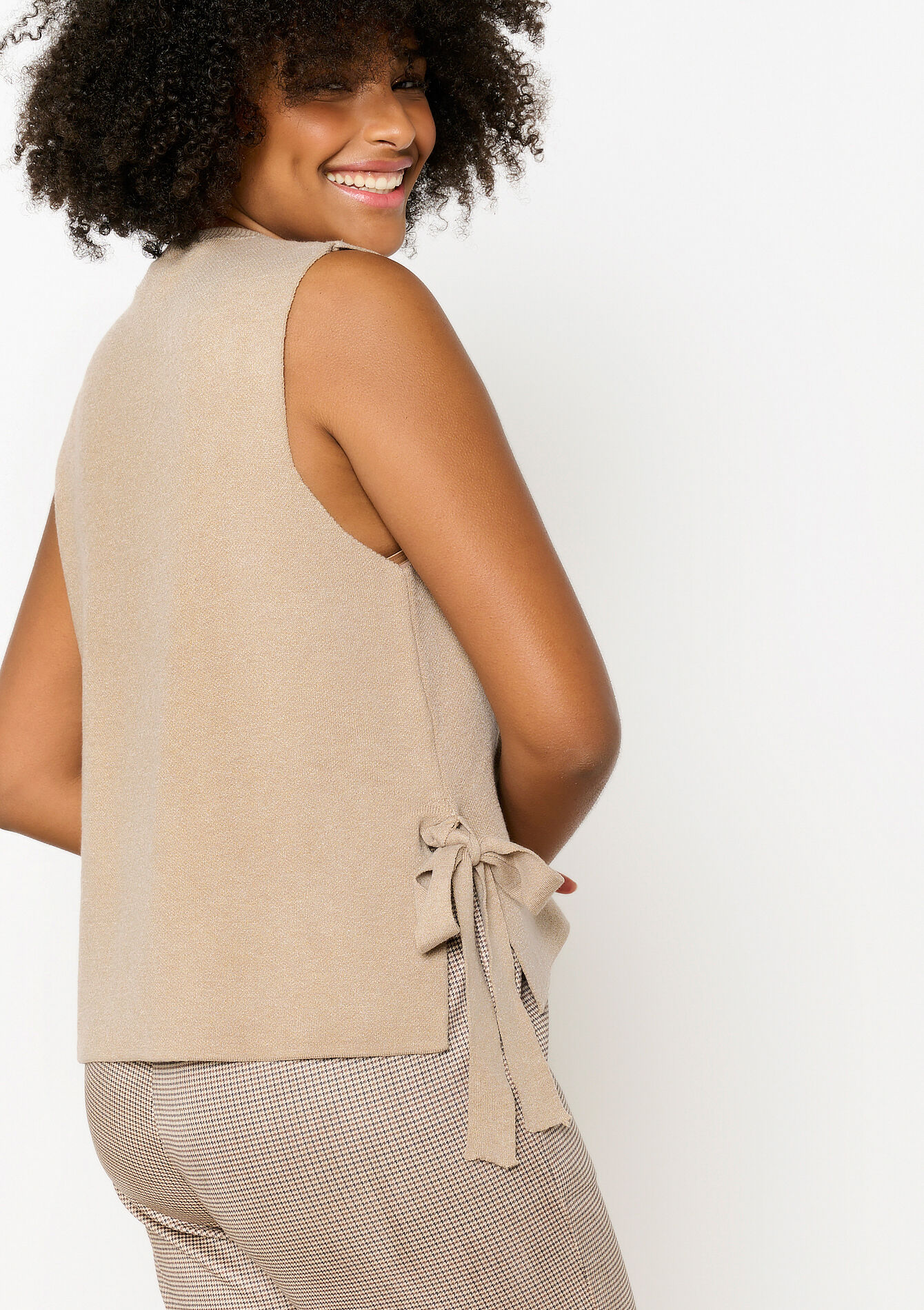 Mouwloze trui met strikjes, Mouwloze trui met strikjes - TAUPE - 04006865_1021