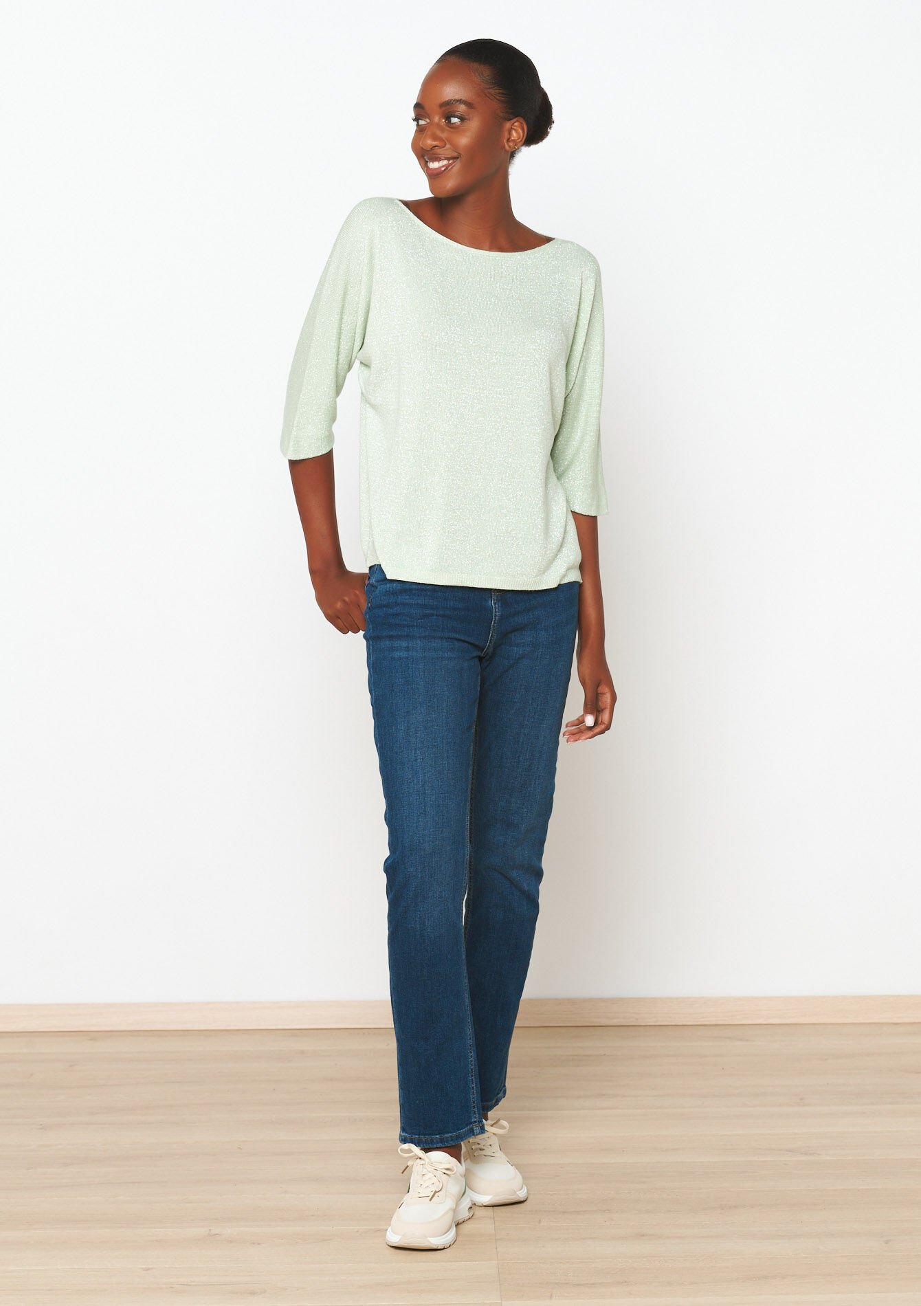 Fijne trui met lurex - ALMOND GREEN - 04006637_1724