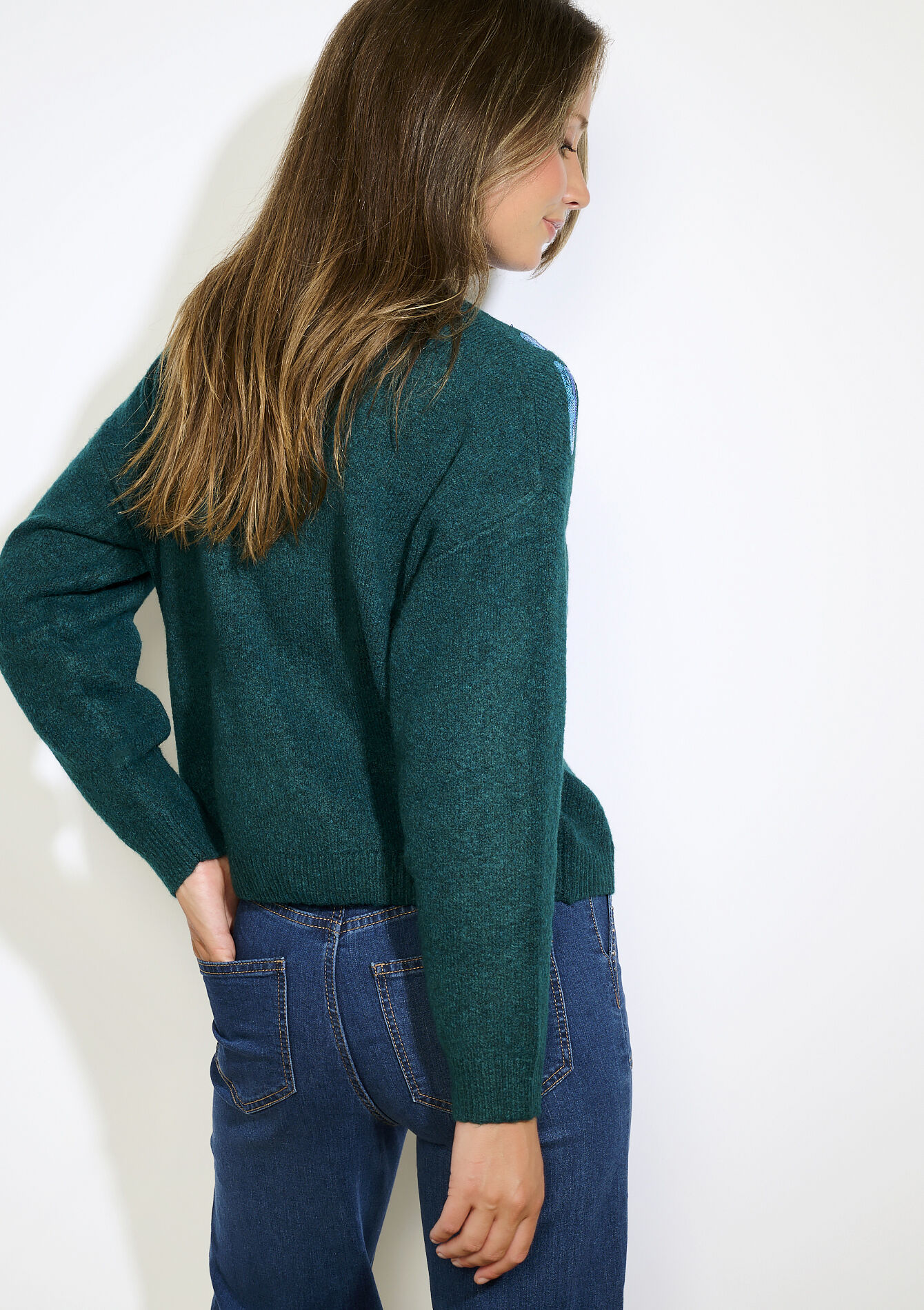 Gebreide trui met paillettenbloemen, Gebreide trui met paillettenbloemen - BOTTLE GREEN - 04006979_1778