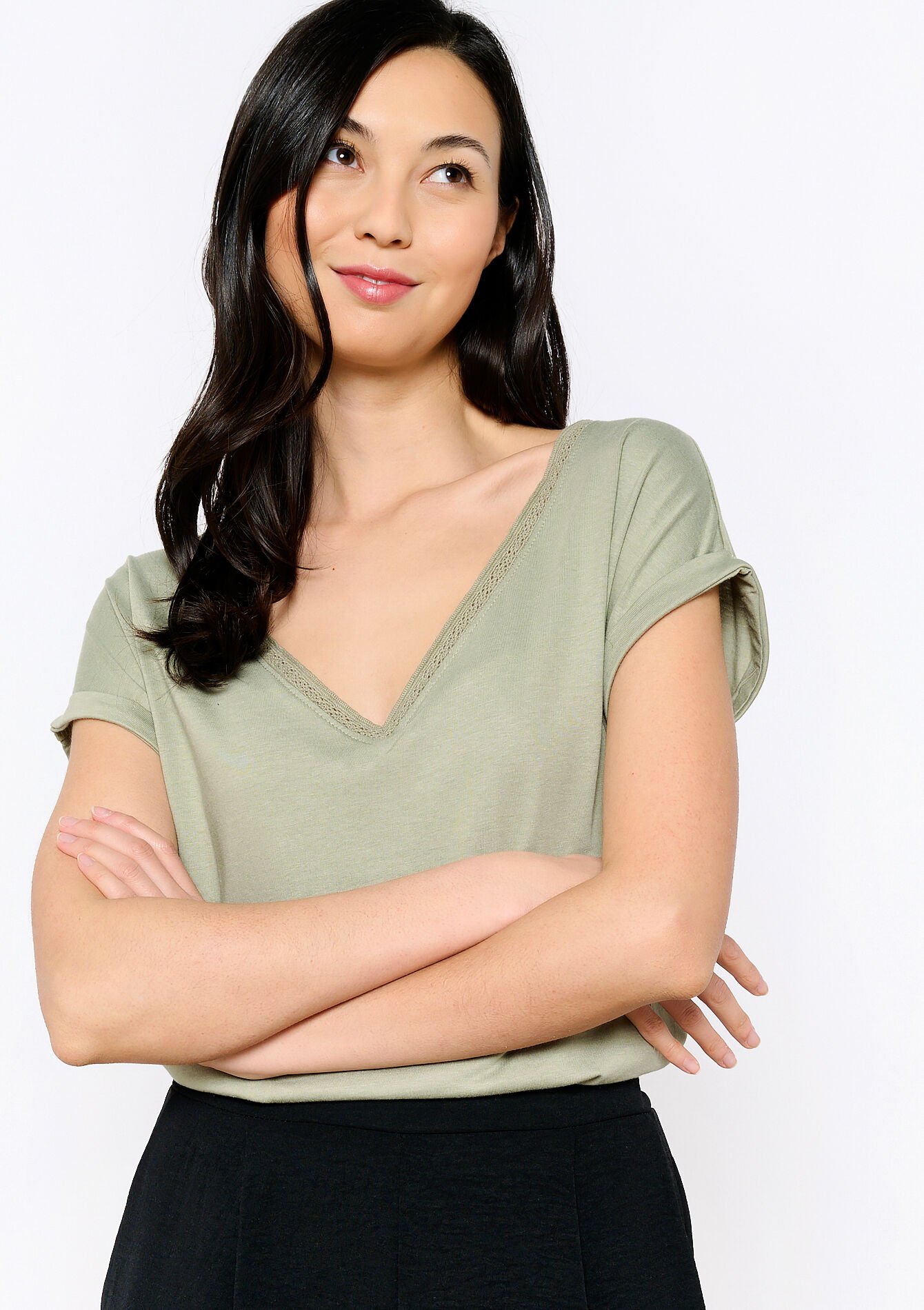 Basic T-shirt met V-hals, Basic T-shirt met V-hals - KHAKI MED - 02301518_4327