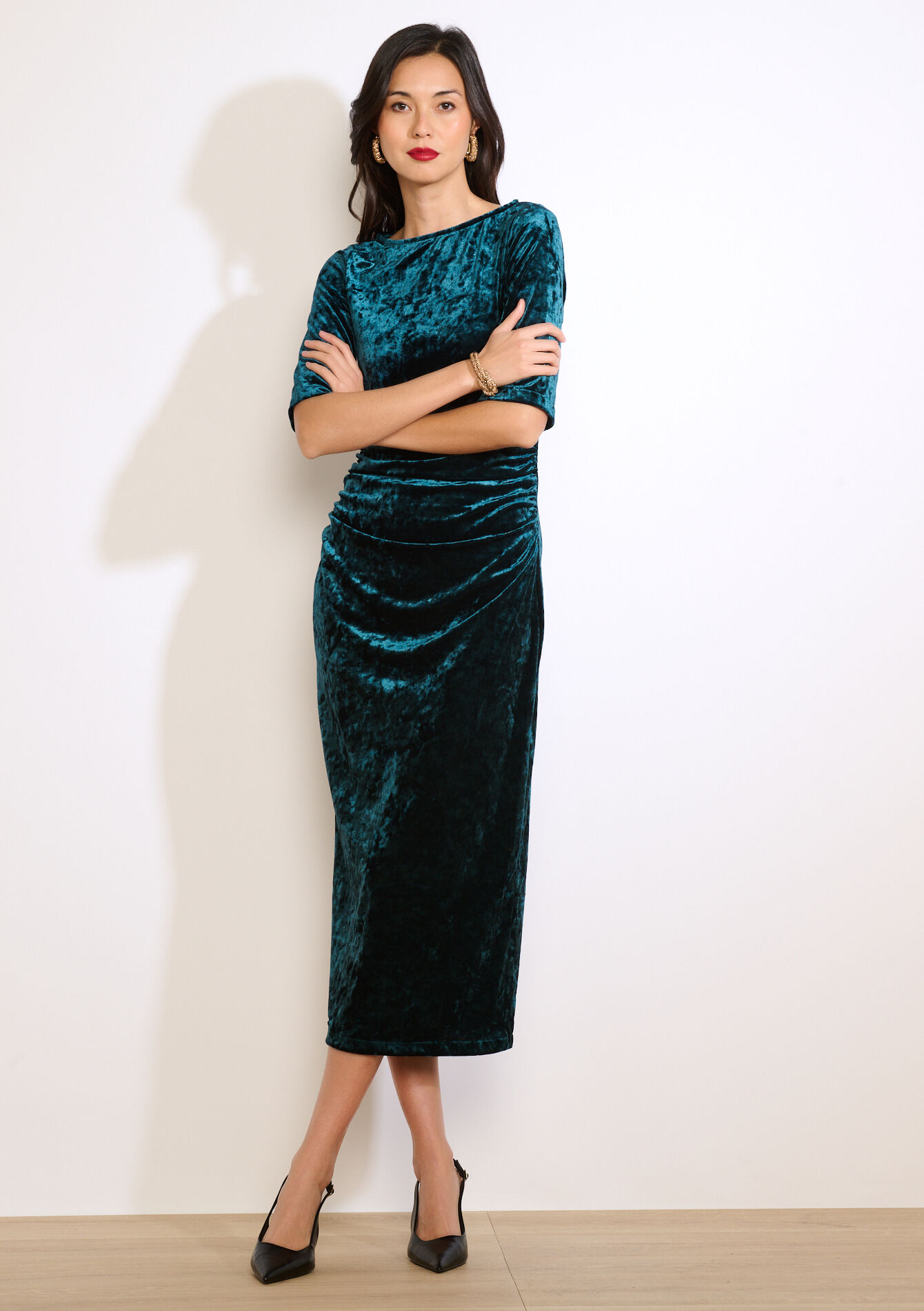 Robe midi drapée en velours - BOTTLE GREEN - 08104350_1778