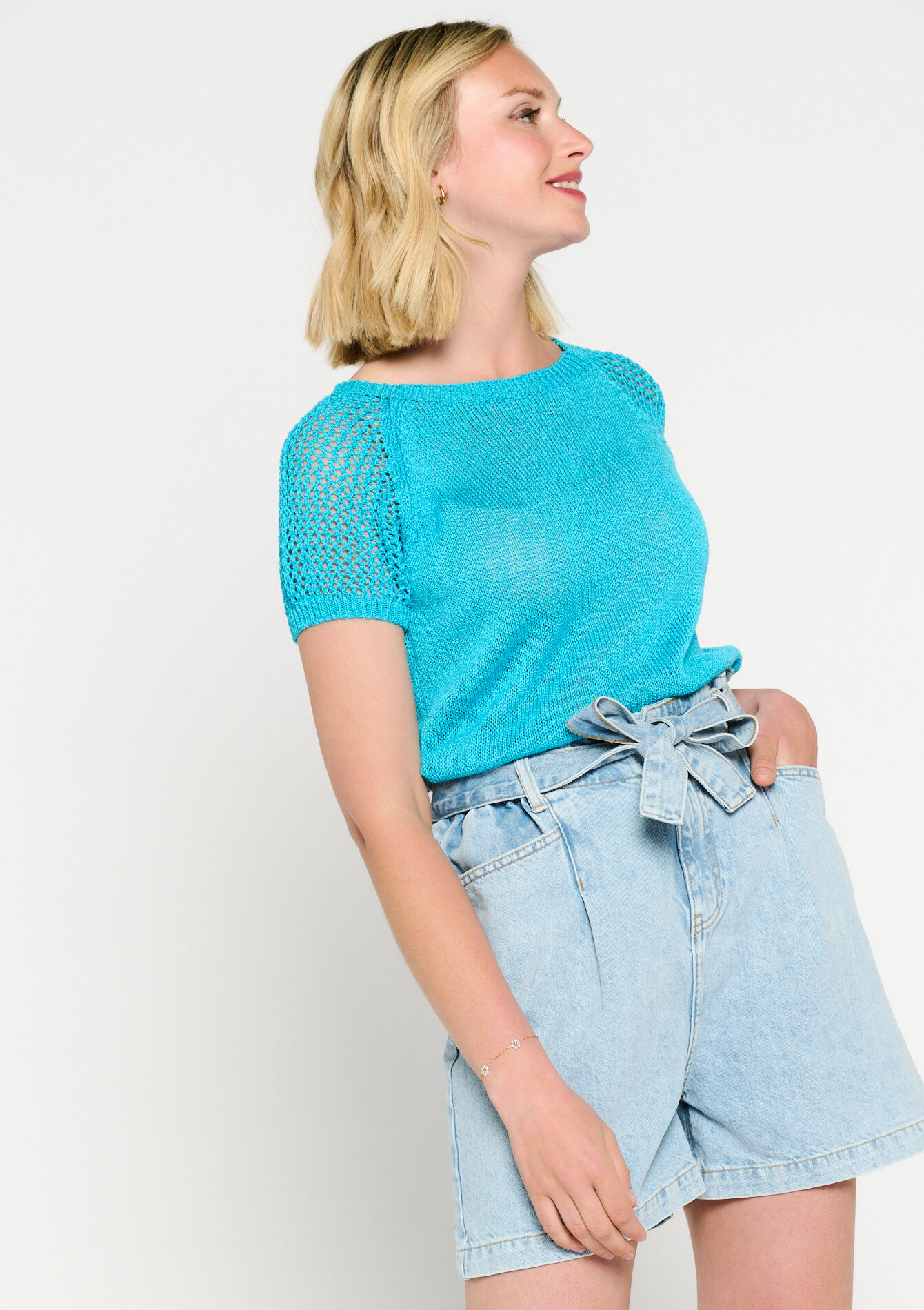 T-shirt with crochet, T-shirt with crochet - TURQUOISE - 02301402_1759